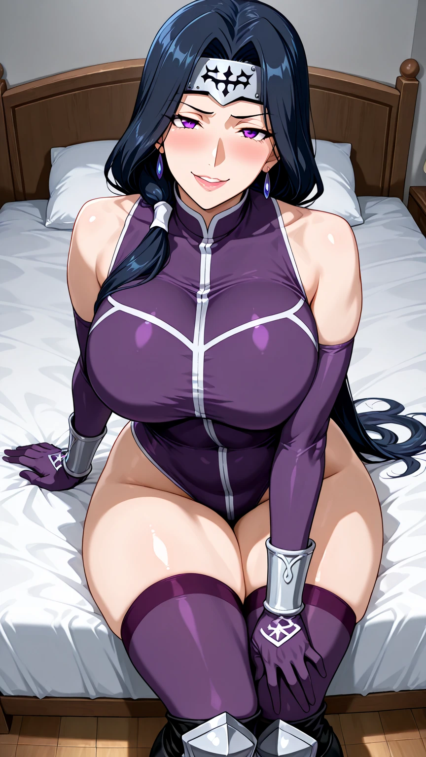 (top-quality、masterpiece:1.2) 1womanl、Carnal body、akiyama rinko、poneyTail、a purple eye、Colossal tits、Big buttocks ((Purple bodysuit)) (Vicious look、Vulgar smile) Beautiful fece、elegent、enticing、A sexy、Beautiful and well-groomed face、beautidful eyes、beautiful hairl、slick skin、Beautiful mouth、smooth legs、