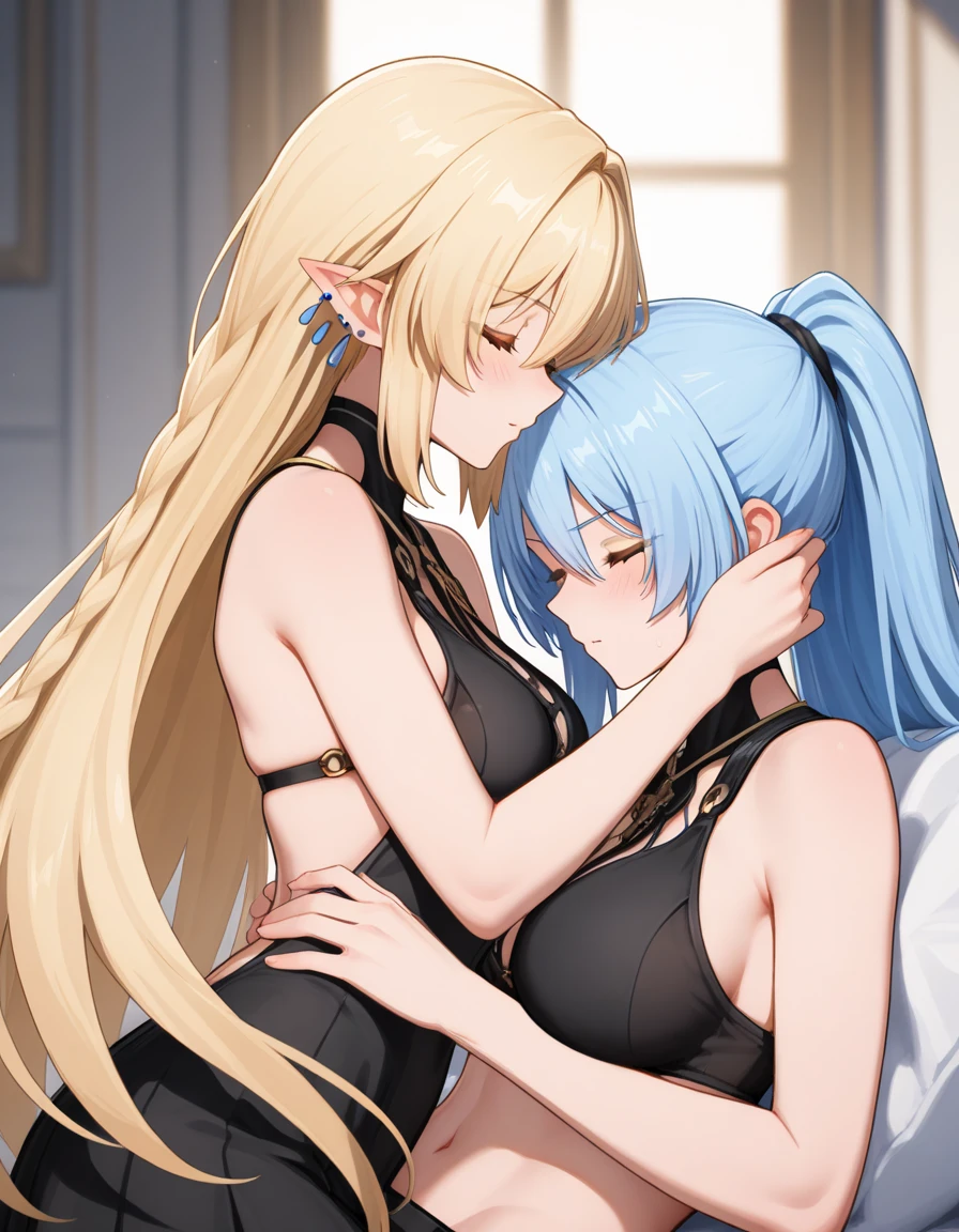 18-year-old blonde, Turquoise eyes, long-haired,Braid left and right, Black Underwear .Kiss another woman....Those two are naked.....With a slightly smiling face...............