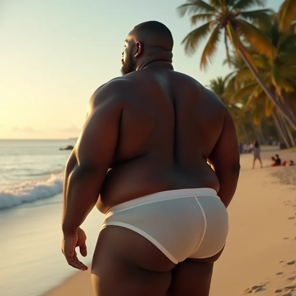Chubby, black man, muscular, walking, wet sheer white underwear, big bulge in underwear, crowded beach at sunset, realistic detailed faces, print