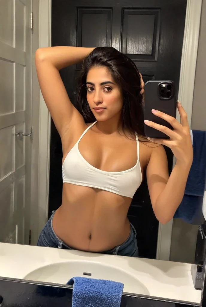 1 cute confident young indian girl wearing a bikini taking a mirror selfie with her phone hiding her face, height 160 centimetres, petite build, fair skin, average hair length of 60 centimetres, photorealistic, detailed eyes, highly detailed, 8k, realistic skin texture