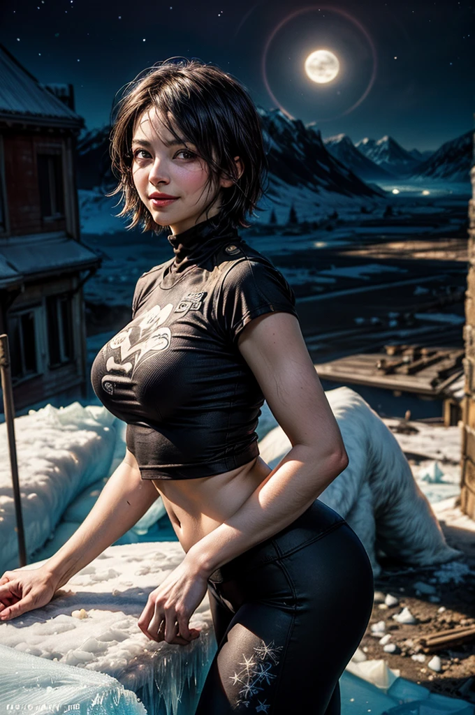 Isabela Merced, smiling, (), bob_cut hair, cleavage, black snow outfit, (full bodyshot), shuffeling snow, (skin texture:1.1) , (high detail face:1.1), high detail body, high detail clothes), (realistic), ultra high definition, 4k, ultra high resolution
