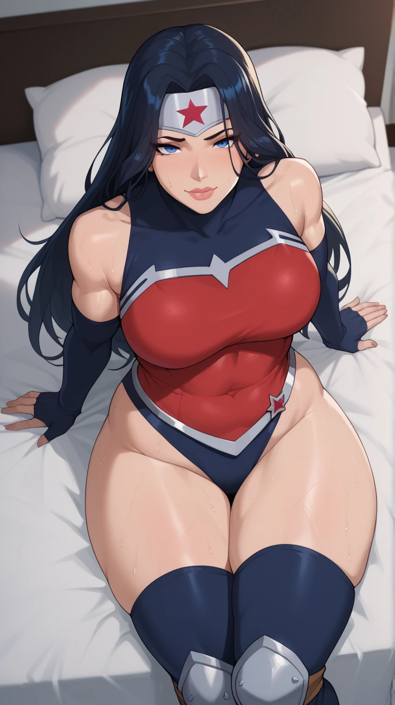 Wonder Woman, 1 girl, ((barnet))), long black hair, uniform, puffy lips, thick lips, wide hips, thick thighs, huge ass, pain face, tears of pleasure, large natural breasts, cleavage, mature mother, arms up, big man, big dick, female penetrated, male penetrating, fertilization, impregnation, forced sex, mating press, moaning, sex, sweat, sweating, cum inside, vaginal penetration, missionary sex, on te beach