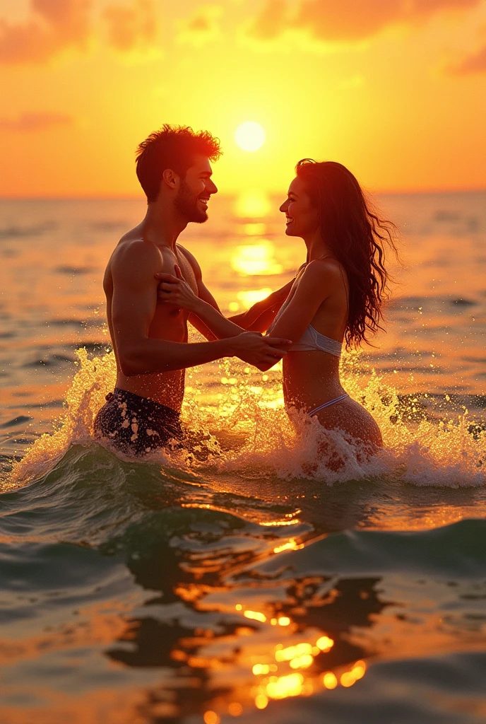 Like in an old movie, a couple running ????? through the sea, chasing the sunset.