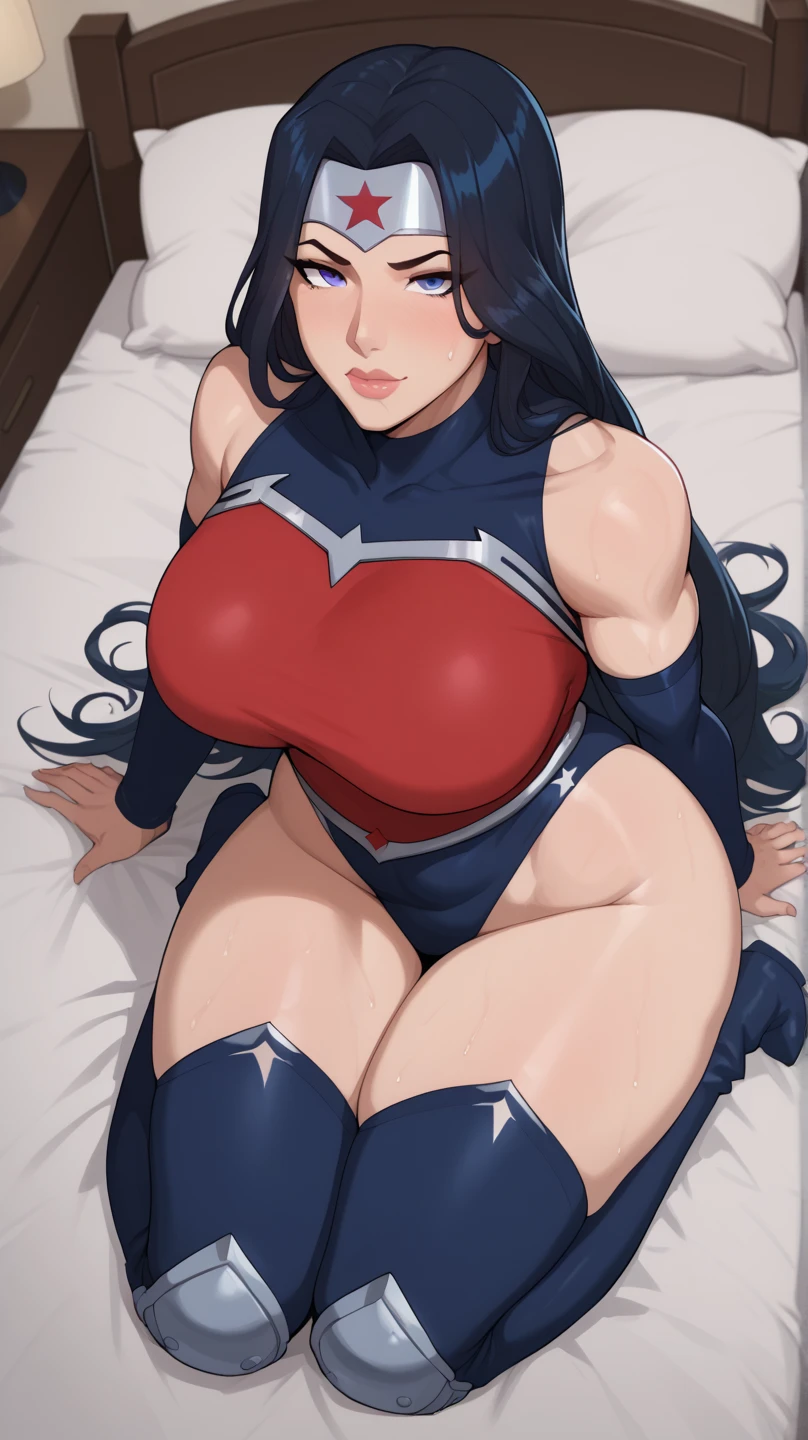 wonder woman, sitting on throne, beautiful, navel, abs, royalty, anime, high definition, gigantic breasts, huge breasts, happy, smiling, gorgeous, photo realistic style, thick thighs, hot, sexy