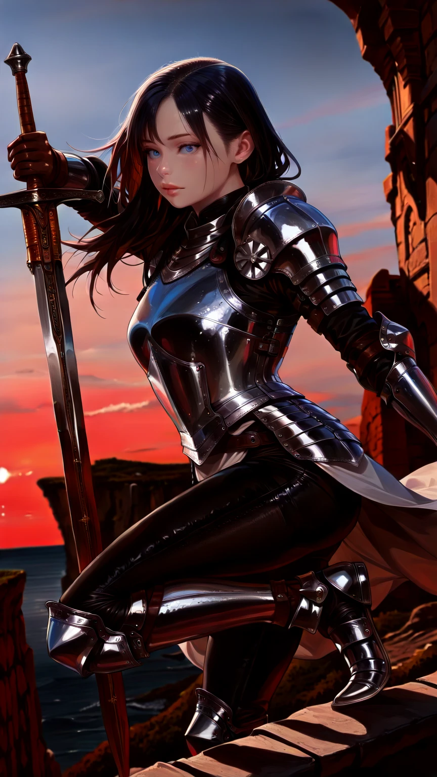 female knight, wearing plate armor, leather pants, full body, nice thighs , dark skin, short black hair, butt