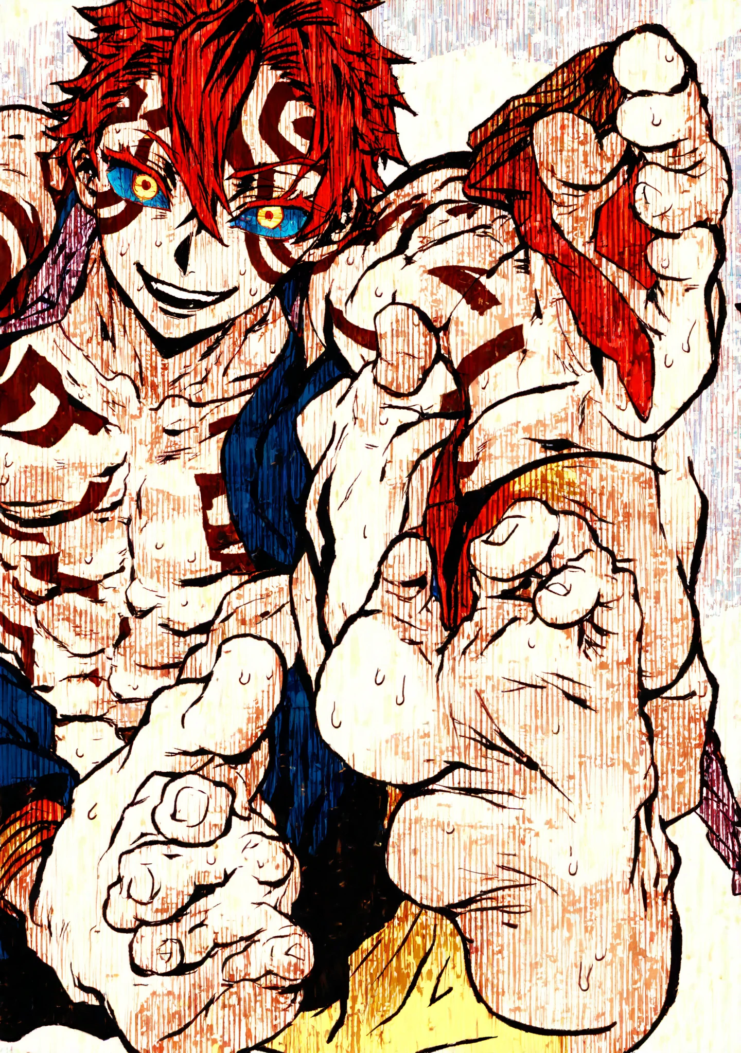 2boys, full body, male focus, muscular male, best quality, amazing quality, best aesthetic, absurdres, in a dark basement, gay couple, official style, year 2023, game cg, looking at viewer, happy, looking at viewer, together on picture, yaoi, gay couple, emphasizing the extraordinary size of pregnant belly, (bakugou katsuki), Eijiro Kirishima red riot, boku no hero academia, chained up on the wall, hands chained up on the wall, nipples, arms back of head, wearing black underwear, grin.
