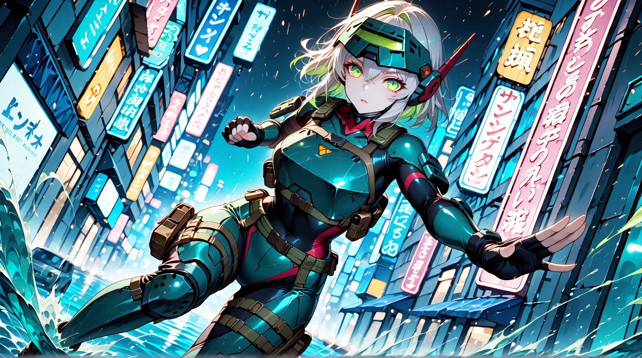 masterpiece, best quality, high resolution, extremely detailed CG, 1girl, Transforming heroine, (serious:1.3), henshin belt, ((dark_blue_hair)), mecha belt, headgear, (red_scarf), mecha armored, thighs, thighs boots, roadshow, street, fighting stance, looking at viewer, hero posing,More Detail, blue sky