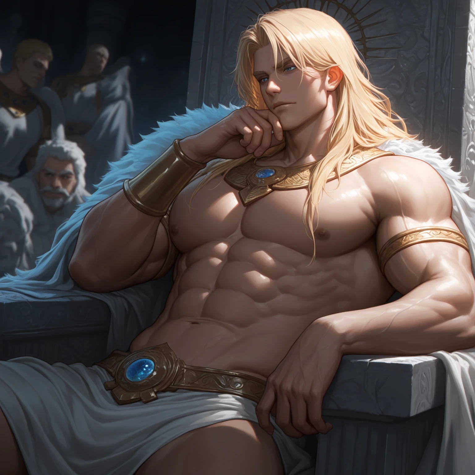 Powerful man warrior, chest bared, lower body uncovered from thighs to feet, luxuriant long curls, meticulous skinny muscle definition, photorealistic rendering, 4K resolution. Background: Ancient Egyptian temple complex, uhd, best quality, masterpiece, super detail, high details