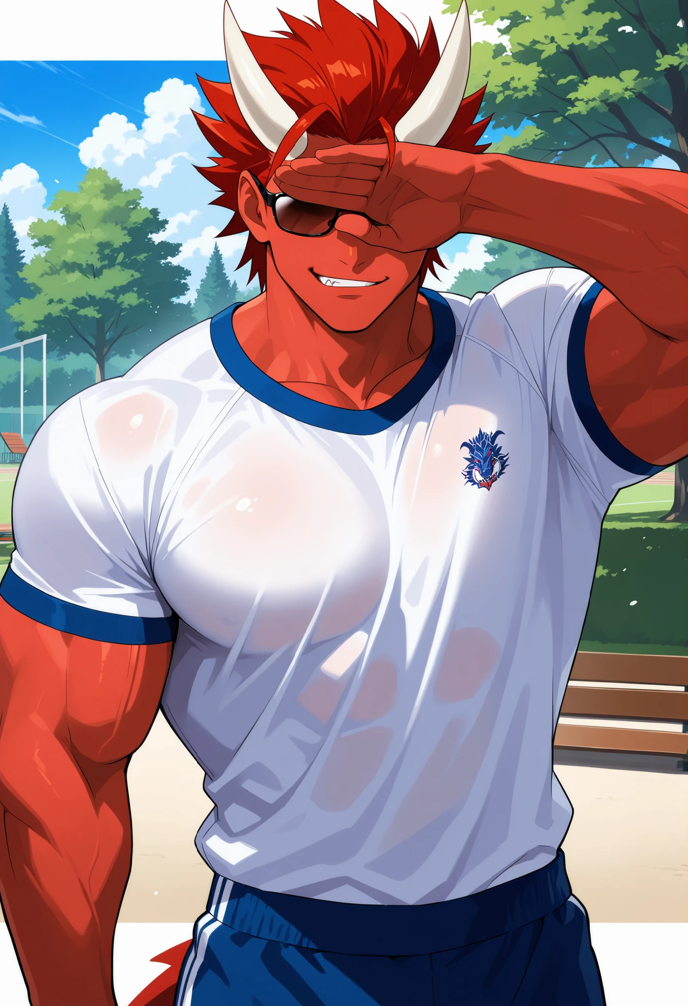 score_9, score_8_up, score_7_up, score_6_up, perfect , perfect proportions, best quality, masterpiece, high_resolution, high quality, aesthetic, absurdres, (male focus), solo male, adult, mature, masculine, manly, handsome, charming, alluring, cowboy shot, dutch angle, source_game \(Tokyo Afterschool Summoners\), official style, by Syukou Akanaru, Gunzo, TASGunzo, brown hair, short hair, thick eyebrows, sideburns, facial hair, stubble, scar on right cheek, brown eyes, Gunzo_outfit01, rugby jersey, red jersey, short sleeves, black wrist tape, white rugby shorts, white rugby socks, indoor, locker-room, sitting on bench, , bashful, blush, nervous, sweaty