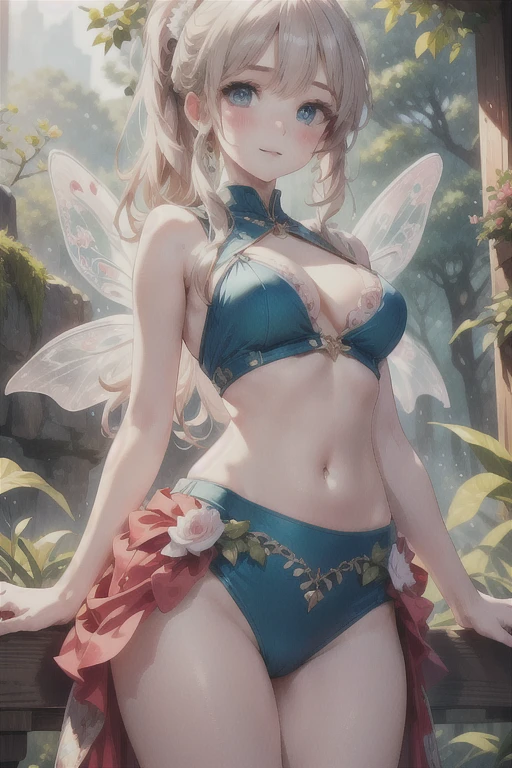 queen of light,detailed face,fine eyes, Wearing a see-through dress, the background is amazing, flower garden, dome, colorful flowers, magical atmosphere, Unusual architecture, Sunlight shining through stained glass, Butterfly flying in the air, Sparkling Fountain, rich green, Bright colors, surreal landscape [highest quality, High resolution], Dreamy landscape, mysterious beauty, soft lighting, enchanting atmosphere, elf woman,blonde,Turbaned,