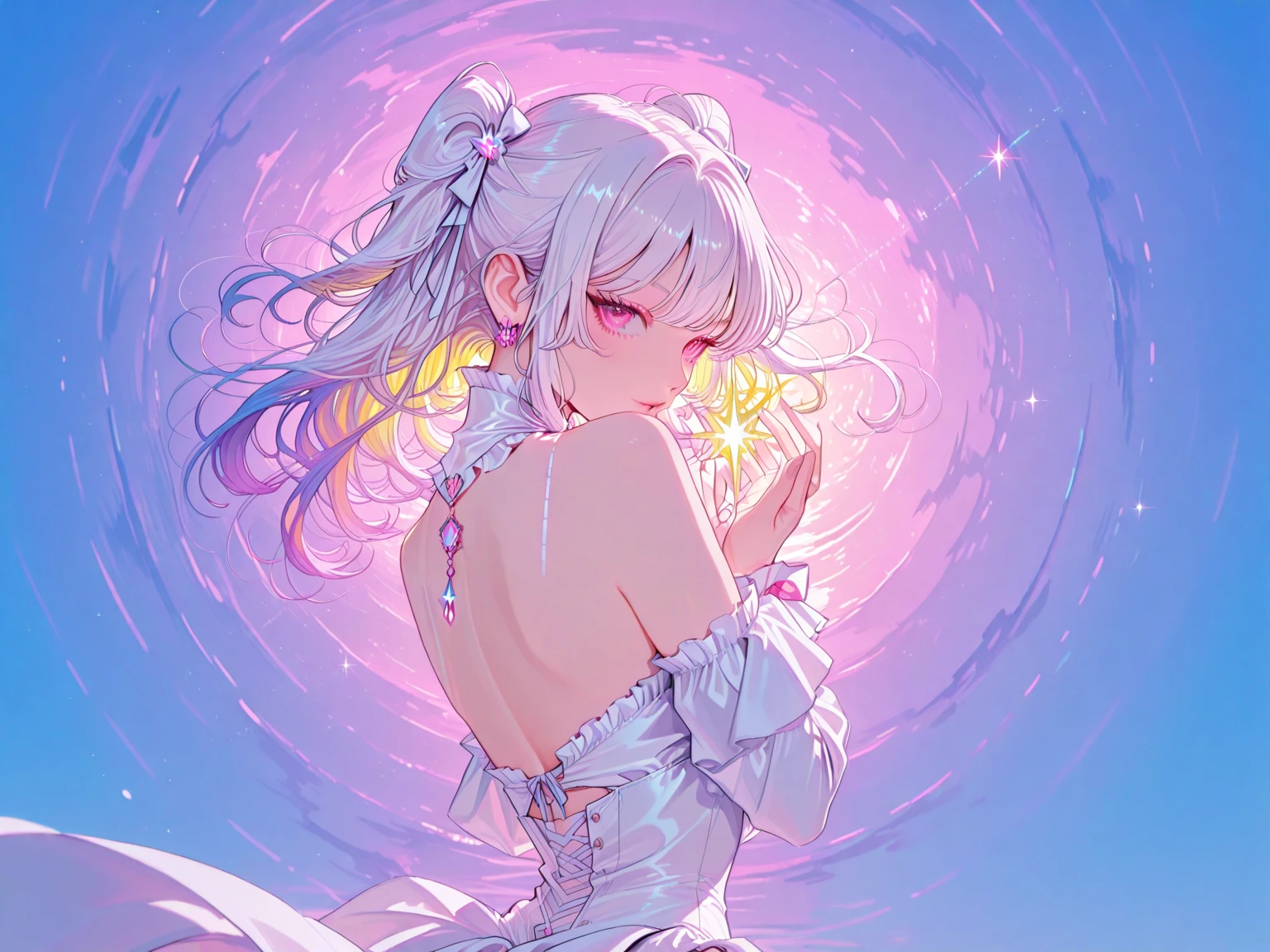 Best quality, Masterpiece, (Realistic:1.2), 1 girl, Detailed face, Beautiful eyes, (Masterpiece:1.2, Best quality), (fine detailed beautiful eyes: 1.2), (Extremely detailed Cg Unity 8K wallpaper, Masterpiece, Best quality, Ultra-detailed, Best shadow), (Detailed background), (Beautiful detailed face, Beautiful detailed eyes), High contrast, (Best illumination, An extremely delicate and beautiful),1girll,((colourful paint splashes on transparent background, Dulux,)), Dynamic Angle, beautiful detailed glow, full bodyesbian, Cowboy shot, White hair, Purple eyes, Best quality, Masterpiece, (Realistic:1.2), lotus flower, Glowing, In the night sky, Full of stars, The is very detailed, Ultra-high resolution, Ultra-high quality,