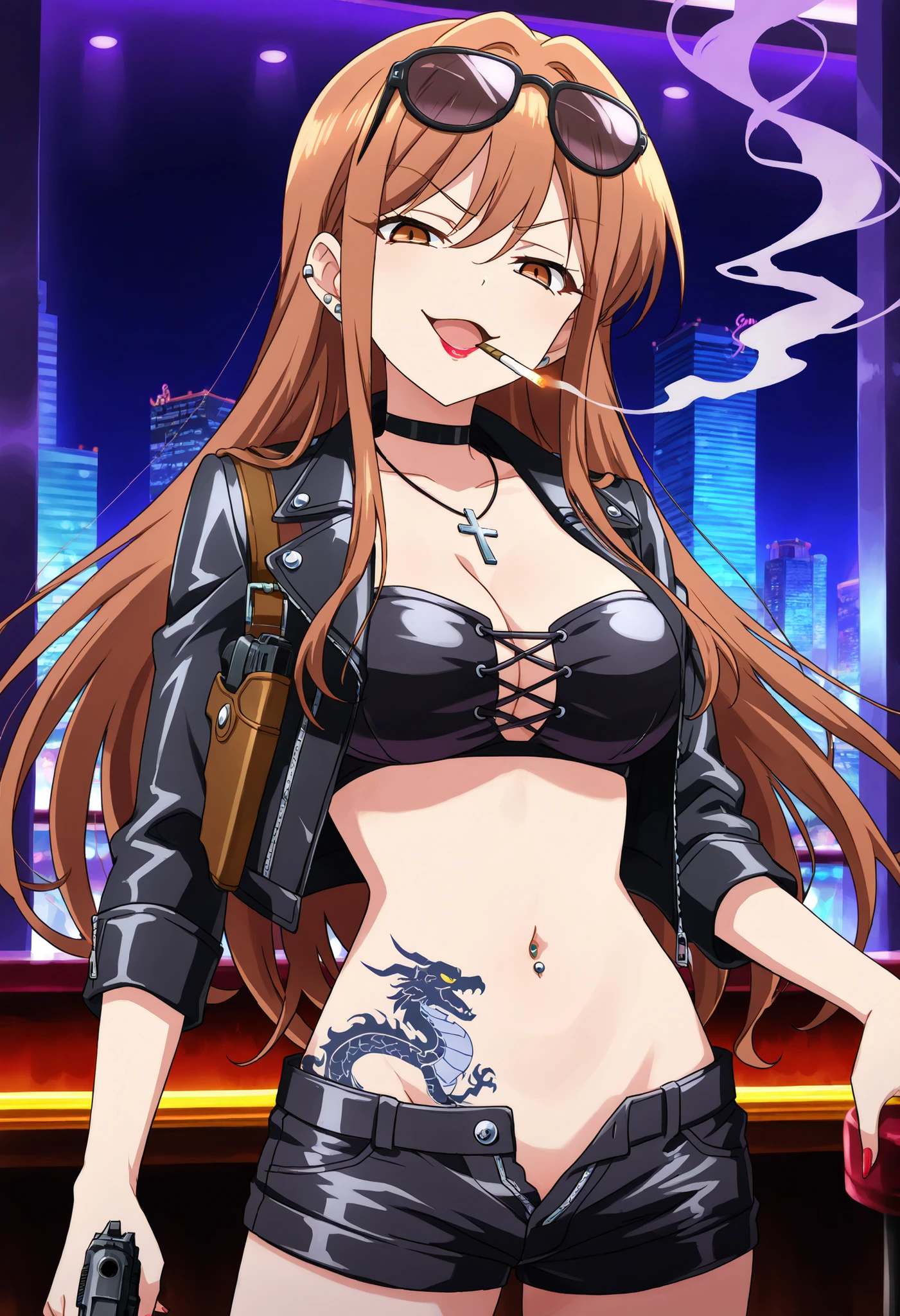 Brown Hair, Small breasts, 1girl, 独奏, large breast, blush, lipstick, outdoors, rooftop, cityscape, building, railing, night, night sky, scenery, city lights, masterpiece, best quality, highly detailed, a girls with a gun, evil smile , open mouth, sexy gaze, badass pose , evil smile, smile, (nsfw) not safe for work, guns blazing, anime girl with long hair, beautiful long
haired girl, navel, evil expression, exposed belly, exposed navel, exposed midriff, exposed lower belly,
long black pants, crop top, cleavage, unbuttoned leather pants ,open fly, low rise black leather pants,
leather jacket, holding a gun