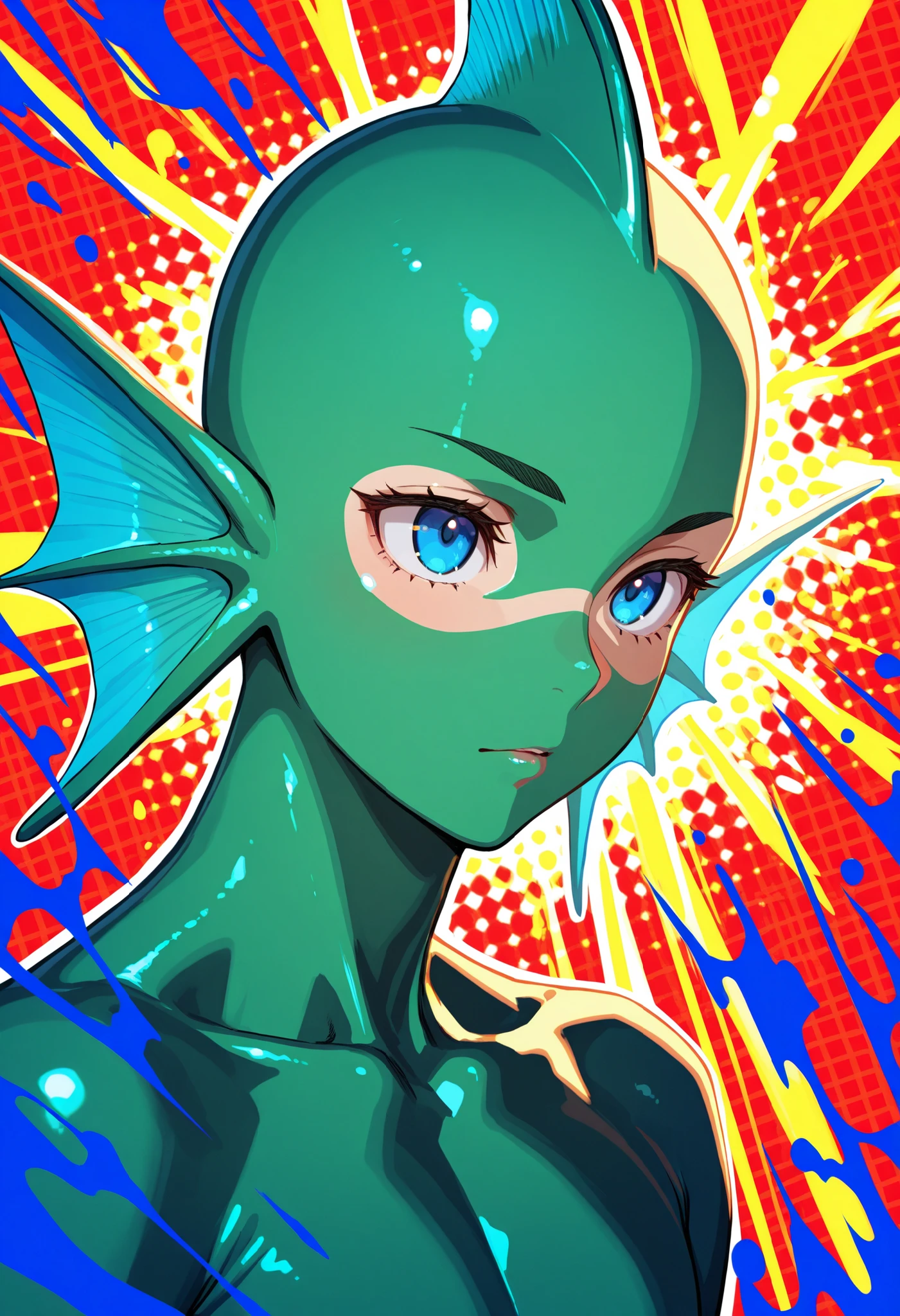 (best quality, masterpiece), hyper-realistic digital painting, portrait of a mystical being with characteristics of female humanoid shark, wide hips, with a majestic and imposing appearance, in an underwater scene with soft watery lighting, with corals, algae, air bubbles and light reflections emitted from the surface of the water.