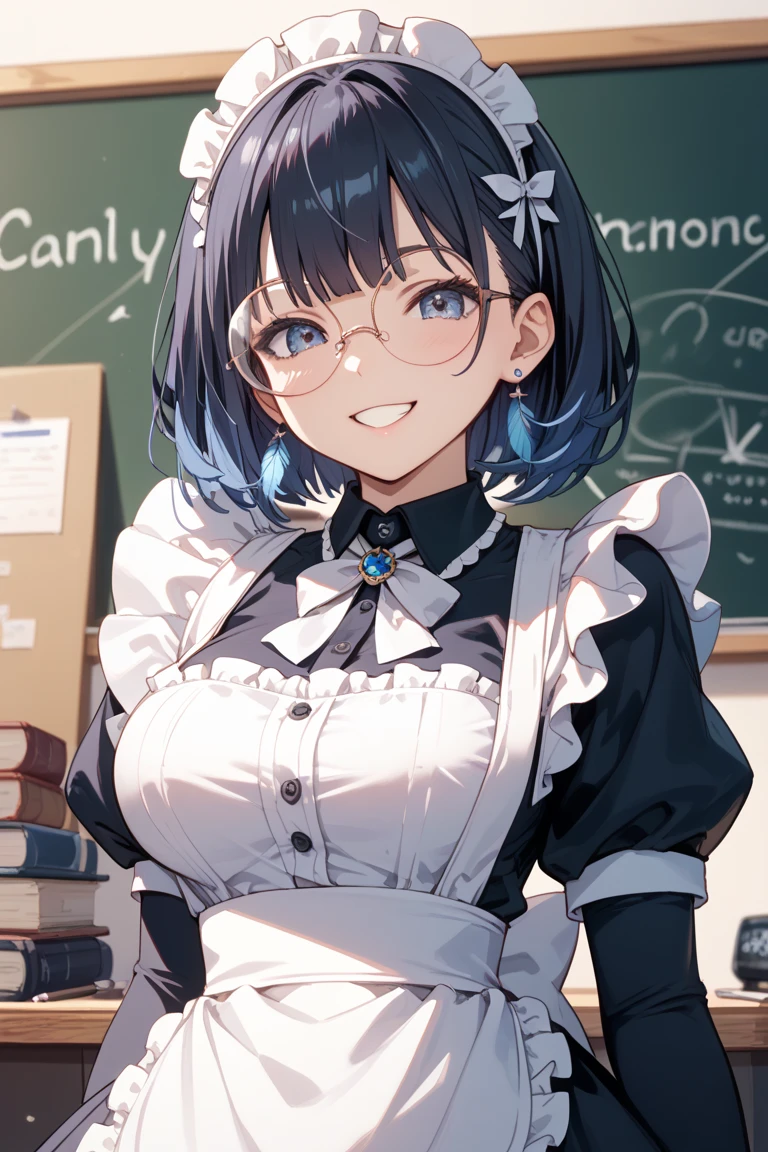 Beautiful woman with short black hair and glasses, big lips, big breasts and a big butt, wearing a frilly purple bonnet, frilly purple shirt, wearing a frilly white diaper, white stockings, writing on a chalkboard, looking angry