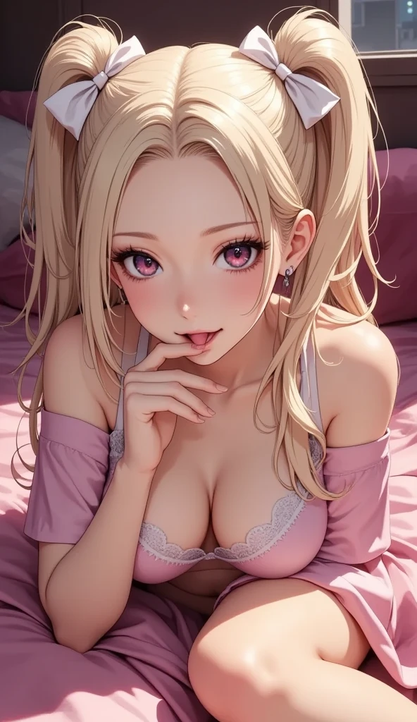 (((anime))), ((animated)), (GAL:1.3), medium hair, (braid hair:1.3), (blunt bangs:1.2),two-tone hair, blonde hair, (pink hair), round face, red eyes, (drooping eyes), (((tareme))),Pink Lip,piercing,necklace,[black skin],(gleaming skin),seductive grin smug,blush, ((((cute)))), beautiful, 1 girl, solo,(rlingerie:1.2),beautiful background,(bed:1.5),((morning)),sunlight,backlighting,masterpiece,best quality,exquisite,8k,absurdres,super fine illustration,(looking down at viewer),(slouch),((all fours))
