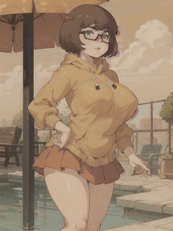 1 girl, 21 years old, college student, brown eyes, beautiful eyelashes, chestnut hair, messy hair, short dress, shoulder strap dress, (sitting on footbridge steps), large breasts, thick thighs, realistic image, consistent image, detailed image, vivid color, voluptuous, smooth skin