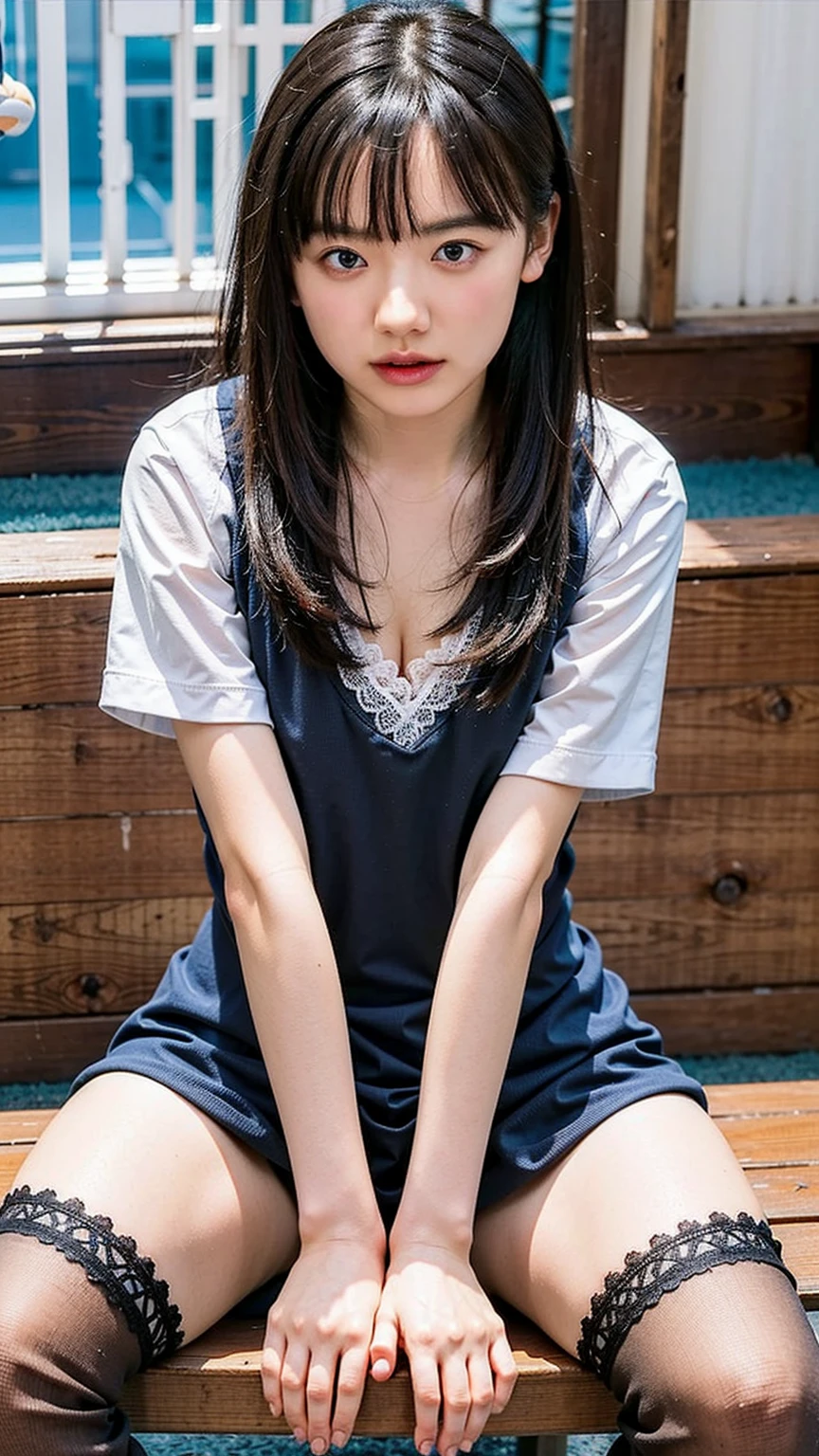 Browsing Caution, ((In the bedroom)), (8k、RAW Photos、Highest quality、masterpiece:1.2)、(Realistic、Realistic)、smile、1 Girl、((Spread your legs)), ((good、panties、Thin legs、whole body、please sit down))、Shooting from below、Beautiful and delicate eyes、 View your viewers、Secretly photographing underwear、黒いpanties:1.8))