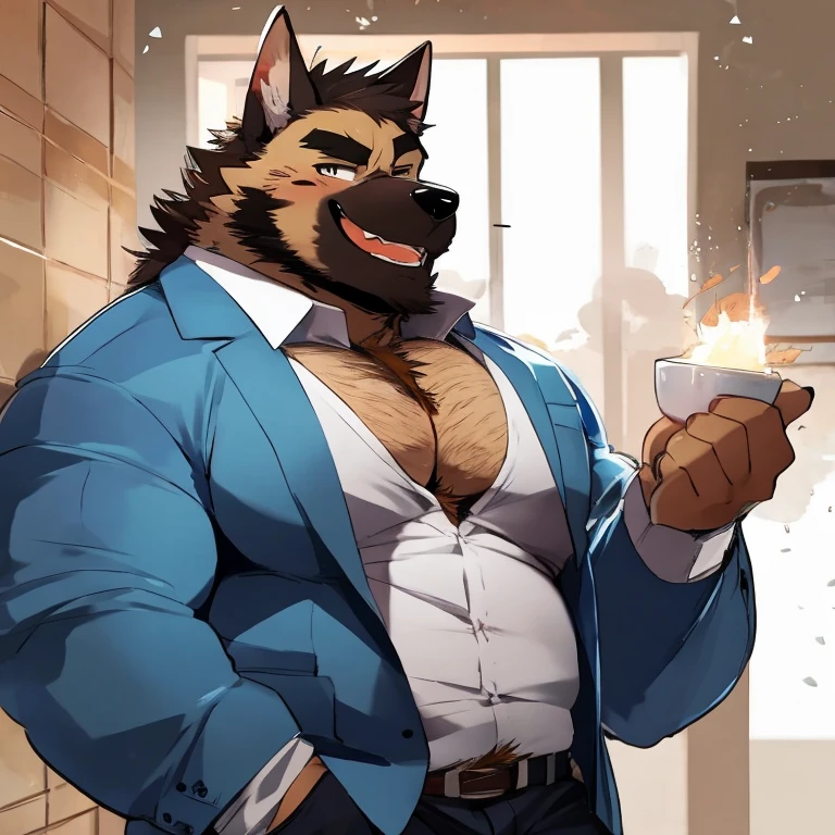 furry, anthro, alaskan malamute:1.5, solo, average male, naked, standing in a kitchen holding a coffee mug looking slyly at the viewer:1.3, super detailed, detailed face, best art, 8k, vibrant, by taran fiddler:1.8, by RedRusker:1.8, art stile, 3D, halfbody,