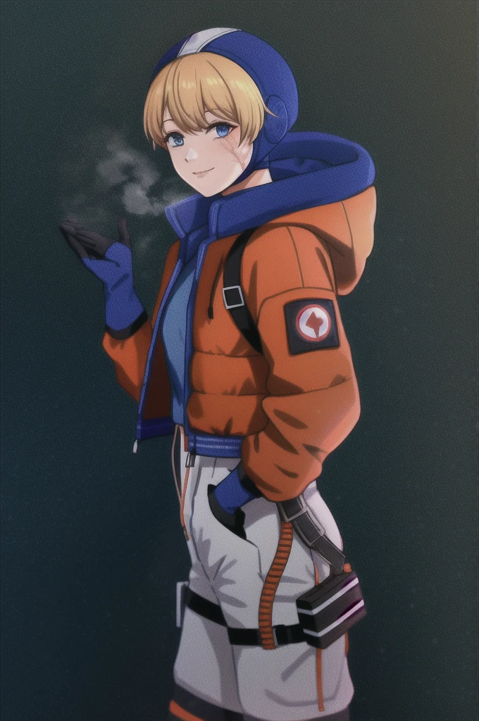 <lora:wattson_(apex_legends)v3:1>, wattson (apex legends), masterpiece, best quality, 1girl, solo, hooded bodysuit, bodysuit, white bodysuit, hood, scar, jacket, scar on face, scar on cheek, orange jacket, bangs, gloves, blonde hair, blue eyes, knee pads, hooded jacket, blue gloves, ribbed bodysuit, blue bodysuit, thigh strap, burn scar, looking at viewer, cable, open hands, standing , blue headwear, smile, cowboy shot,