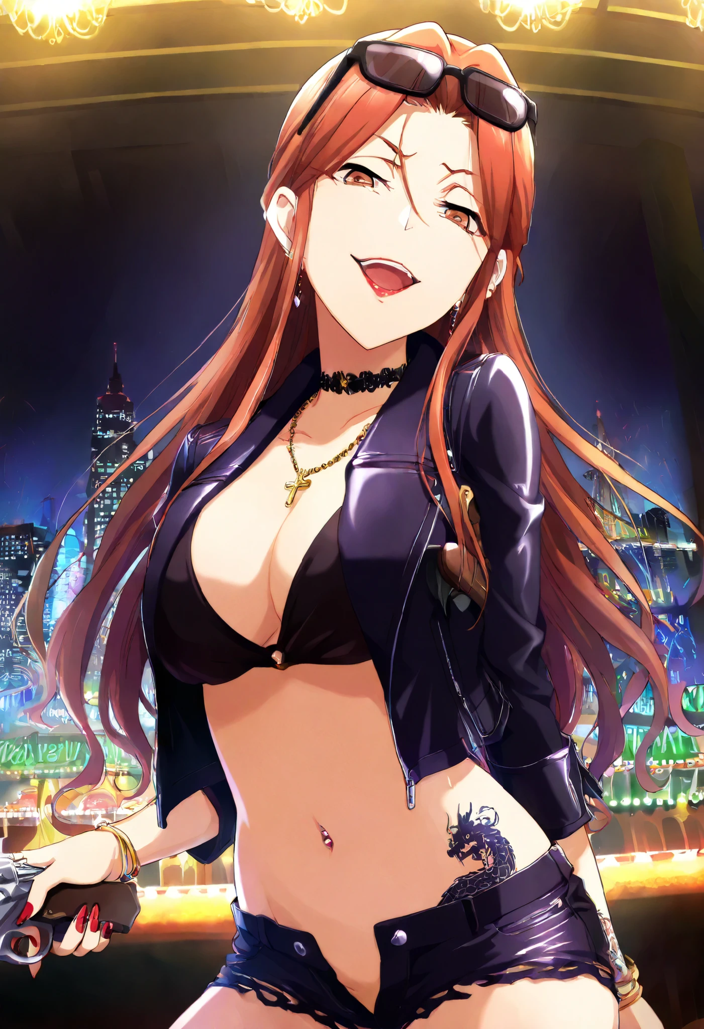 kyoko, headpones around neck, bangs, brown eyes, long hair,brown hair, seductive smile, mall, shopping center,indoors, blush, lipstick, jewelry, earrings, Hot girl, baddie, mean girl, sensual, attractive, masterpiece, best quality, highly detailed, a girls with a gun, open mouth, blazer, sexy gaze, (nsfw) not
safe for work, badass pose , evil smile, smile, black bra, anime girl with long hair, long haired girl,
navel, evil expression, exposed belly, exposed navel, exposed midriff, exposed lower belly, micro
miniskirt, micro pencil skirt, pencil skirt ,holding a gun, holding pistol,