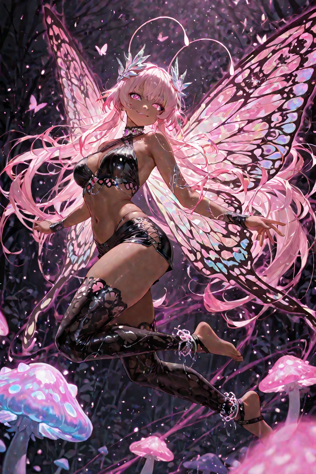 Bright fairy colorful masterpiece with pointed butterfly wings and with various designs, neon pink eyes, extremely detailed loose big hair, extremely realistic big rainbow.