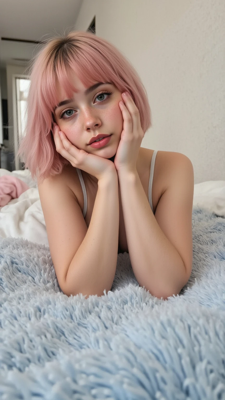 girl lying down, totally ?????. (beautiful 16 year old girl with western face) beautiful, perfect face, (pink wig, bangs) (blue eyes) (white skin) Beautiful body, western face, predatory eyes, slim hips, thin thighs, collarbone, ribs, western beauty , thin nose.