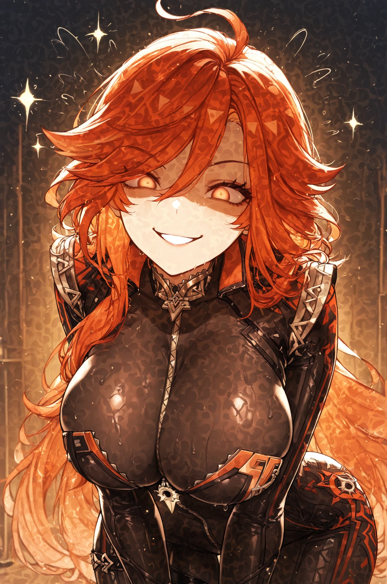 blush, cleavage,glowing aura, natural light, masterpiece, glossy skin, juicy lips , ,sexy, hot, , cleavage, evil,juicy lips, ?????, hour glass, brown hair, red eyes, wide eyes, red eyes, massive , long hair, chains, shadow in eyes, bright blush, heart in eyes, ,((wide smile)),, brainwash,, standing, latex, amber lighting