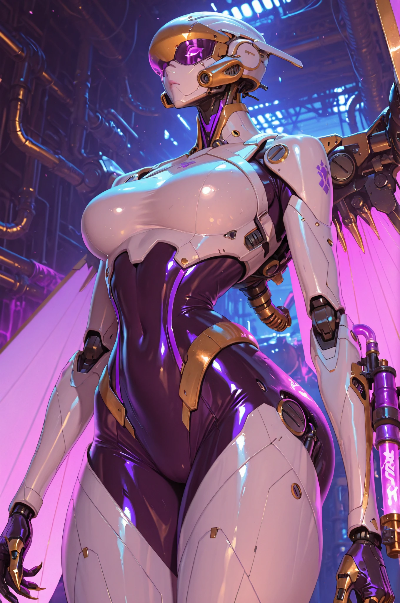 1 mature and seductive woman,(Detailed Description,Incredibly absurd,High resolution,8k wallpaper,masterpiece,Highest quality,Depth of region,Anatomically accurate depiction,A face with attention to detail, Eye for detail,Perfect body,Two lovely hands, Five perfect fingers),(Glowing Skin,Shiny skin,Oilskin),((Sexy female soldier)),(Futuristic body suit,Futuristic exoskeleton,Mechanical Wings,Mechanical thrusters,Cyber Goggles),eyelash,(Intensely glowing purple eyes,Large chest,Bewitching Smile,Glossy lipstick,The temptation to depravity,Sweat),(whole body),My hair is blowing in the wind,A strong wind is blowing,(background:The city seen from the air),(From above:1.3)