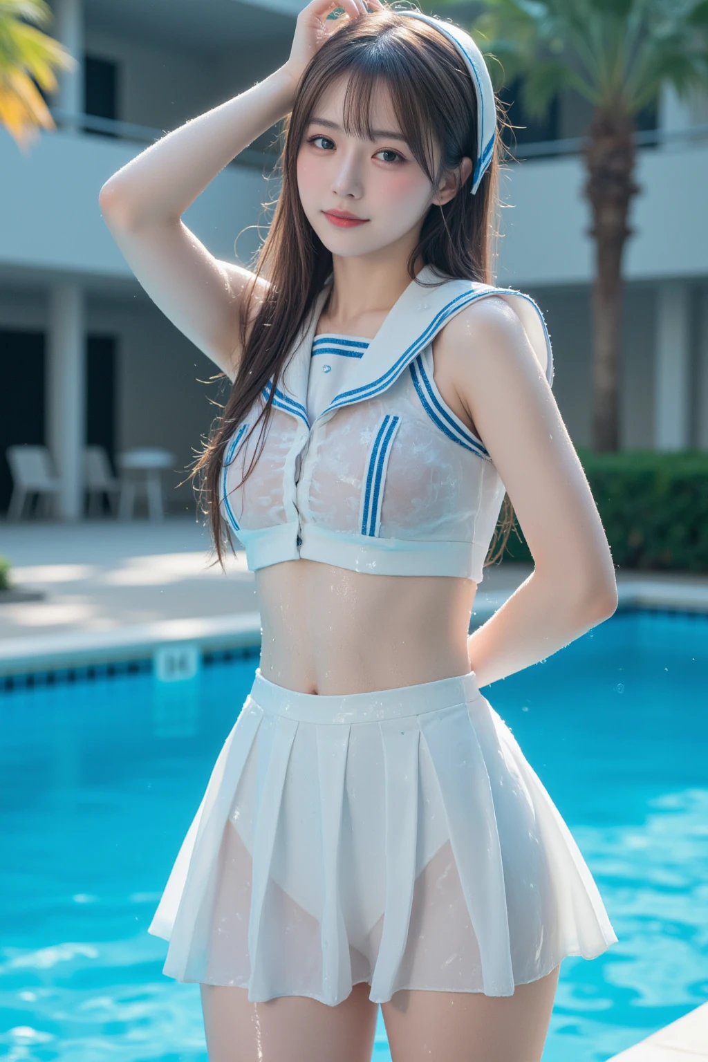 1 lady, HD quality, anime, solo full body shot, (sitting with hands back:1.3), (open legs to limit:1.5), (with one knee up:1.3), showing pubic area:, (under boob:1.6), Large breasts, (cleavage), shiny skin, smiling, (thin thighs:1.3), (Sailor uniform only for the upper body:1.5), (Crop Top sheer white shirt:1.5), (sleeveless:1.6), without brassiere, (sheer white tiny micro thong:1.5), poolside, (Green detailed eyes), blue sailor collar, red ribbon tie