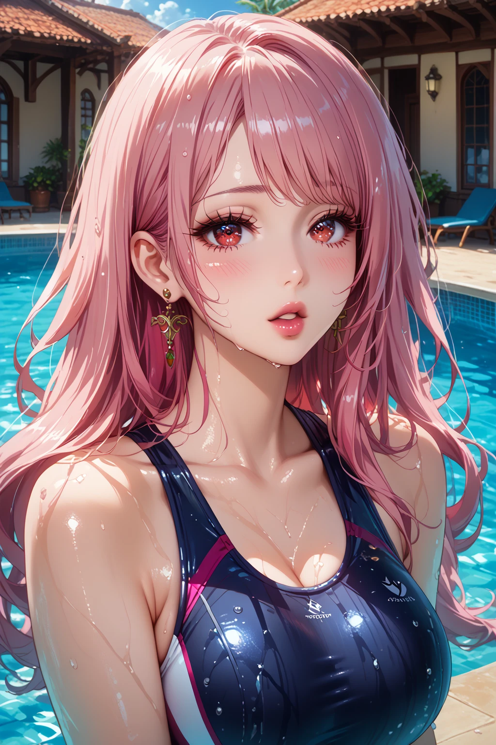 (Masterpiece, BestQuality:1.3), (ultra detailed:1.2), (hyperrealistic:1.3), (RAW photo:1.2), High detail RAW color photo, professional photograph, (Photorealistic:1.4), (realistic:1.4), (Pink Hair:1.5), professional lighting, perfect ???????, (Big Breasts:1.2), (blush, detailed face), (A happy smile:1.7), Trending Hair&Trending Hairカラーをランダムに, earrings, necklace, bracelet, sexly, ?????? sexly, Random sexy gravure poses, (A woman in a red swimsuit by the pool、Laughing while applying sunscreen。With upstyle hairstyles、He has one hand on his head。:1.3)