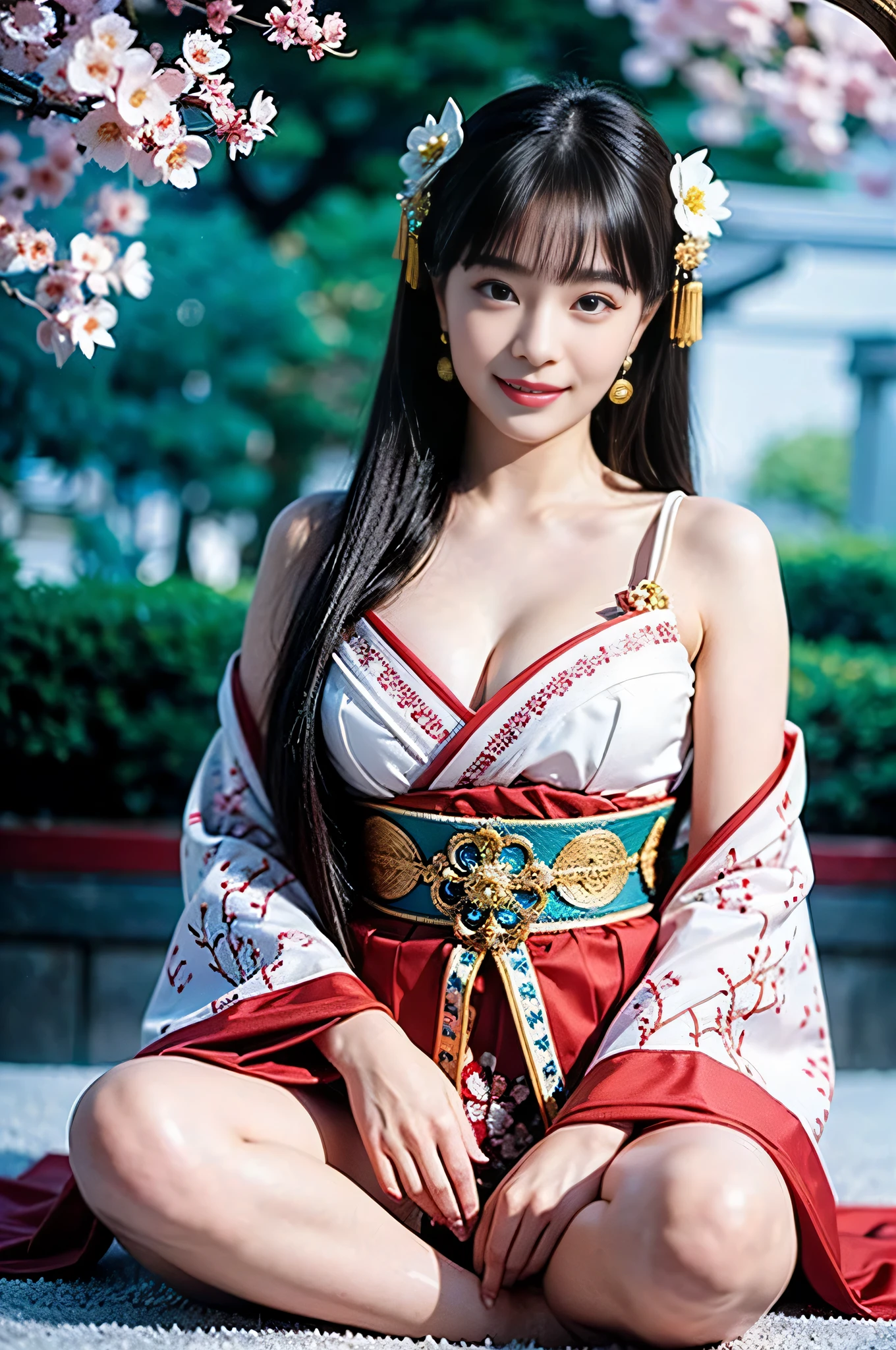 Neat and clean priestess、((best qualtiy、8k masterpieces:1.3))、foco nítido:1.2、(ultra beautiful faces:1.0)、(shinny skin:1.0)、photos realistic、A dark-haired、Video Lighting、High-definition eyes and face、Video Lighting、Japan Idol Actress、from the front side、medium breasts、Smile、Slender Abs Beauty、Whole body、At the shrine in the morning、Red Priestess Costume