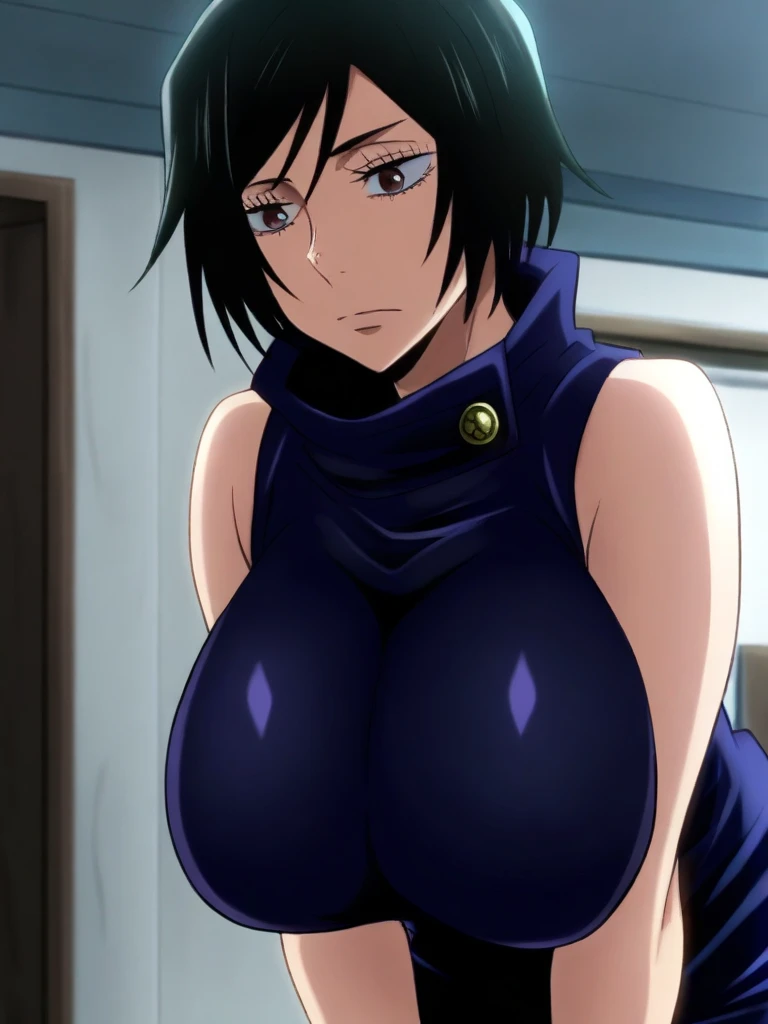 closed mouth, (20 years old), ((1girl)), ((((solo))), (((alone))), (((genderbend))), (((female))), wide hips, thick thighs, huge breast, narrow waist,  ((blue top)), ((short skin tight blue cocktail dress)), cocktail, party, ((anime artstyle)), long eyelashes, ((long black hair)), (((at night))), (red lipstick), (black eyeshadow), (in the dark)