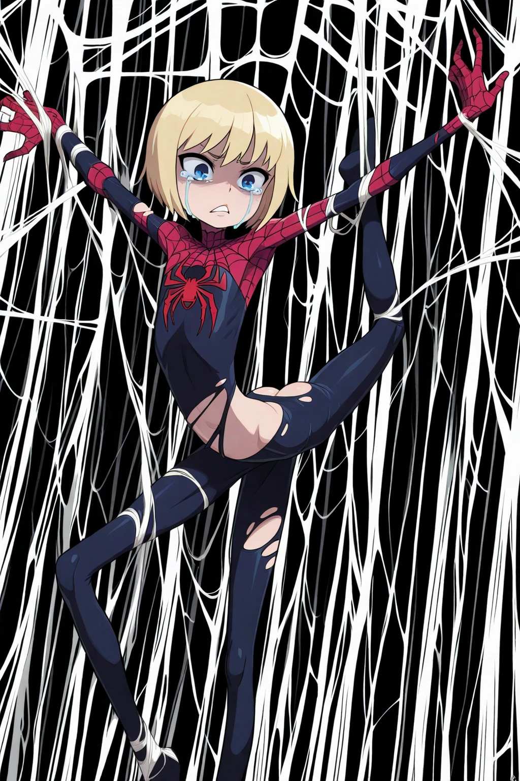 (masterpiece, best quality:1.2), solo, male focus, 1boy, expressionless, looking at viewer, squatting, short hair, (streaked hair:1.1), red eyes, spider suit, spider web print, spider web, rooftop