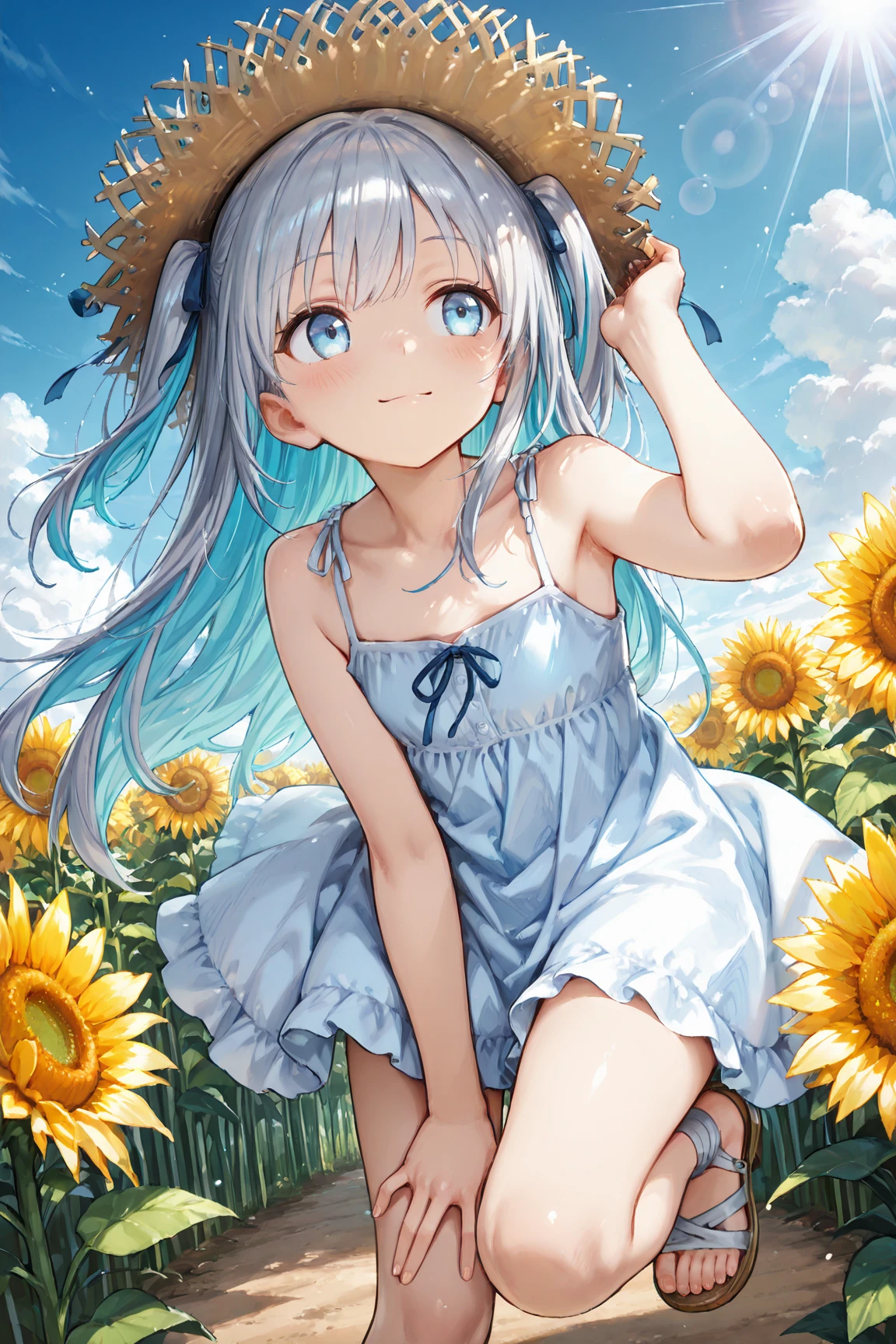 index, index, (Green Eyes:1.5), Silver Hair, Long Hair, (Flat Chest:1.2),smile,Grin,White hat,Off-the-shoulder dress,Short sleeve,Bare shoulders,bare clavicle,Bare neck,mini skirt,Cute heeled sandals,Place your hands on your knees,True Summer,Clear skies,Daytime,whole bodyがイラストに入るように,
break looking at viewer, whole body,
break outdoors, Sunflower field,
break (masterpiece:1.2), Highest quality, High resolution, unity 8k wallpaper, (shape:0.8), (Fine and beautiful eyes:1.6), Highly detailed face, Perfect lighting, Highly detailed CG, (Perfect hands, Perfect Anatomy),