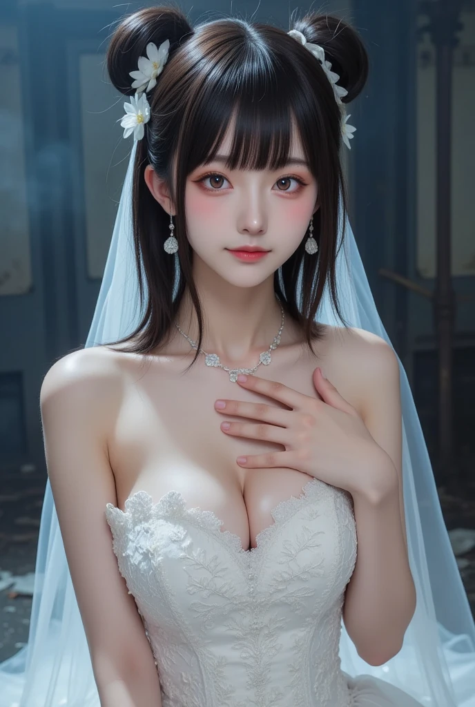 A masterpice、best quality, 1girls, (Skindentation), {{Too huge breasts!!}}, (days), Brighter, blured background, (Street:0.6), (Braided bangs, hair wavy:1.5), (see through dress:1.8), (wedding dress:1.8),bustier、gorgeou, (Floating hair:1.2), (dinamic pose:1.8), Soft lighting,