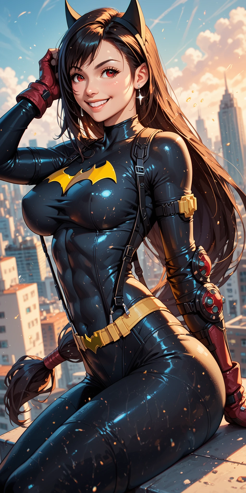 1 woman, long hair, large breasts, ((detailed eyes:1.2, brown eyes)), ((superhero outfit, fishnets, underboob)), nsfw, sexy, sensual, masterpiece, top quality, best quality, official art, beautiful and aesthetic:1.2), extreme detailed, colorful, highest detailed