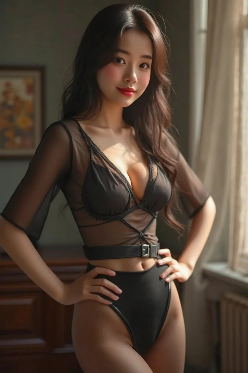 (RAW Photography:1.2)、top-quality、a beautiful detailed girl、a smile、extremely detailed eye and face、suspender belt, beatiful detailed eyes、huge filesize、hight resolution、hight resolution、8k wallpapenely detail、Highly detailed ticker uniform 8k wallpaper、Light on the face、movie lighting、16-year-old girl、sexy pose、(photorealisim:1.4)、illustratio、surrealism、 frombelow、super detailing、masterpiece、a playboy tights、fishnets pantyhose、fishnet tights, ((Black costume))
