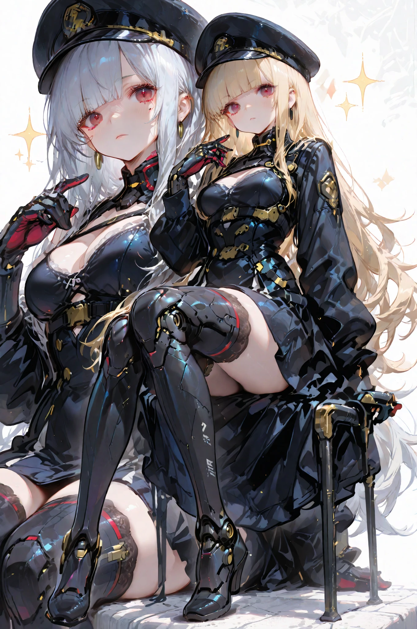 （8K， masutepiece: 1.2), (Ultra Detail, Sexy), (Smile: 1.1), ((white wavy long hair): 1.3, Beautiful detail eyes, Big black eyes, Perfect proportions, Bright eyes, Light makeup, Necklace, earrings, Pink and moist lips), Two sexy busty wives standing in the hospital room, She has long white wavy hair, With stylish rimless glasses, She is wearing an American military uniform tunic, an off-shoulder shirt, and a pleated skirt., Wearing a white American military cap, (Perfect eyes) Her figure is very sexy, Huge breasts, heavy breasts, Fitness buttocks, Fabric covering the chest, Split abs, large abs, elastic meat, fair moist skin, Majesty and religion, Full body photo), (Ambiguous atmosphere, Hazy background, fairy tale world: 1.2)