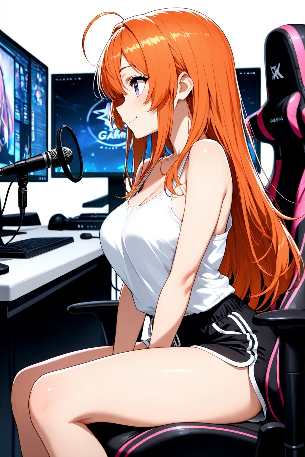 futaba sakura, orange hair, long hair, purple eyes, shirt underboobs  , thong pantie , sexy , evil smile, sitting in front of a computer , typing on the computer keyboard, looking at the computer screen, looking away from viewer, looking at the computer