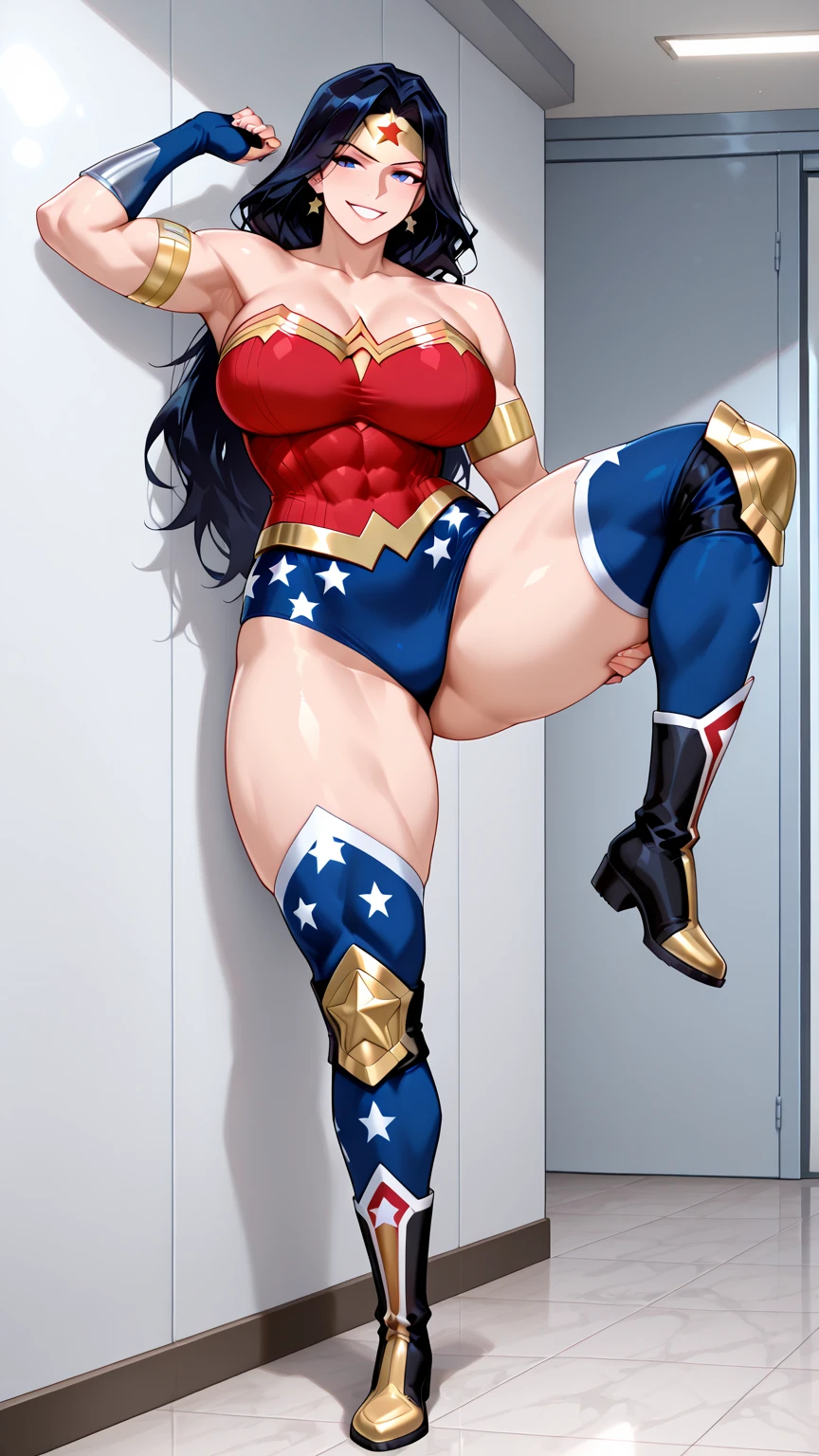(((Simon Bisley))), (((flag))), Mature woman 35 years muscular beautiful, (((full body)))), , giant robot pilot, wild with perfect body, bare thighs, wearing little clothing, dark blue clothing with white stars, red with white stripes, tiny thong, hoarse with the colors of the United States flag, sensual pose, pose with attitude, add movements, large breasts, technological scenery