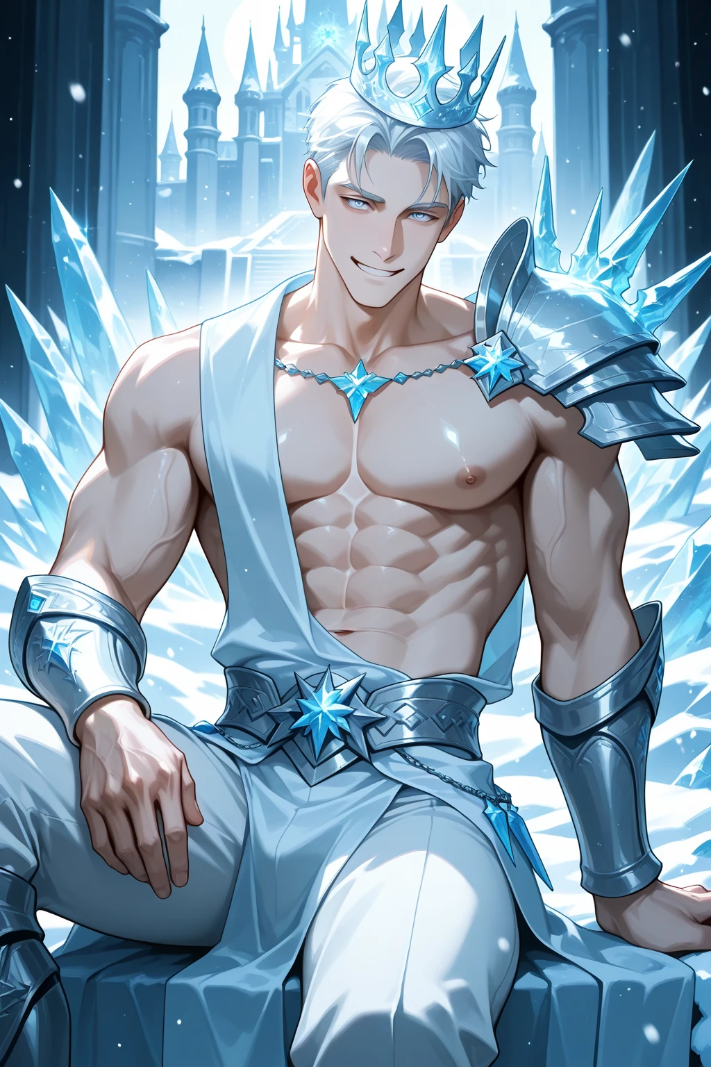 Full Body photorealistic 1 boy,Handsome Hunky Jack Frost，tall and strong,perfect male figure, ripped abs toned body,,eyes looking at camera, shirtless . ((Pale white skin)), white skimpy underwear snow，silver hair,serious expression,necklace,Ray tracing. Smiling, in action, with bursting energy orb merge from his hands 