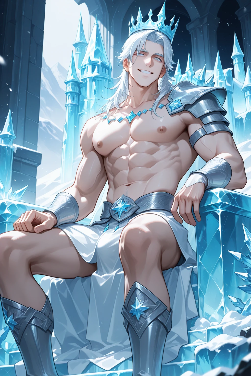 (((absurdres))) perfect whole body, MXAO, SMAA, ultra photorealistic, Top quality, Photorealistic, ((16k UHD)), High Definition, high res, ultra sharp, masterpiece, best quality, intricate details, detailed eyes, perfect face detailed face, masterpiece, highly detailed exquisite character art, perfectly detailed anatomy, crouch bulge, large pecs, (((cinematic light))), ultra-realistic (((1Male))) ((Bodybuilder)), ((muscular)), ((bara)), beautiful blue eyes, frost king, deity, god of ice, windy, snowing, snow storm, wearing fur coat, in a ice palace, spread their legs, actionpose, Half recumbent, POV perspective, , sexy crystal robes, fluffy cloak, frosty skin tone, fur gloves, crystal pendant, (((frost skin))), (((light blue hue skin))) frost breath, glossy, textured skin, pale, claws,