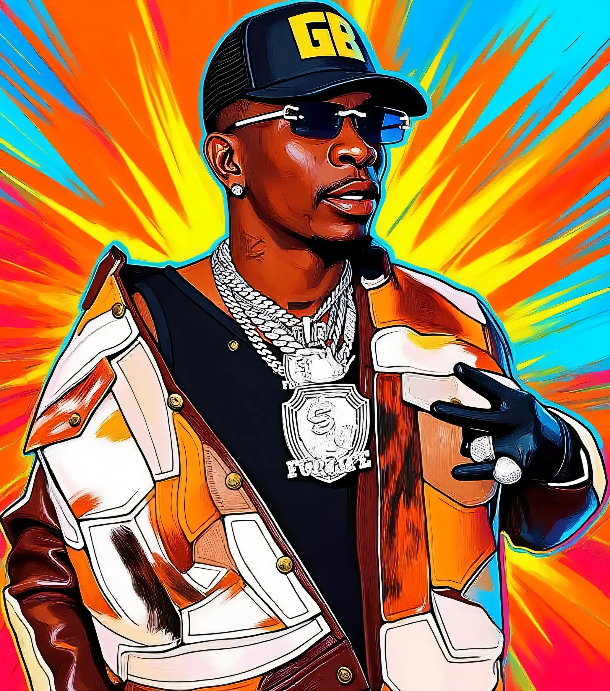 Generate an image for sublimation on streetwear garments that pays homage to the leaders of the barrio and iconic figures of narco-culture. Include stylized portraits of legendary narco figures, luxury cars, and details like crowns, chains, and extravagant watches. Use a color palette of black, gold, and accents of red and blue. The design should express power and respect, ideal for those who admire the influential figures of narco-culture.