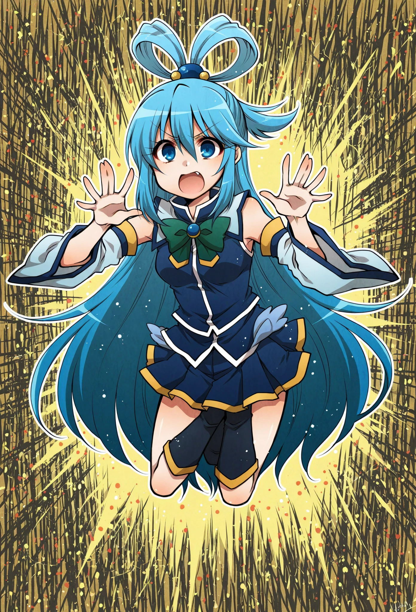 <lora:LCM_LoRA_Weights_SD15:1>,masterpiece,best quality,highly detailed,1girl,solo,scared,panicking,constricted pupils,screaming,raised eyebrows,wide-eyed,crying,tears,
<lora:aqua_konosuba-000035:0.7>,aqua \(konosuba\),1girl,blue eyes,blue footwear,blue hair,blue thighhighs,blush,boots,breasts,bubble,detached sleeves,hair ornament,hair rings,leg up,long hair,single hair ring,skirt,thigh boots,thighhighs,very long hair,white thighhighs,
BREAK
<lora:malevolentFaceEnd:0.4>,crying,frown,screaming,tearing up,streaming tears,trembeling,uvula,arms up,(((emphasis lines,@ @, wide-eyed,constricted pupils,streaming tears,crazy eyes))),leaning back,full-face blush,kneeling,casino,casino card table,