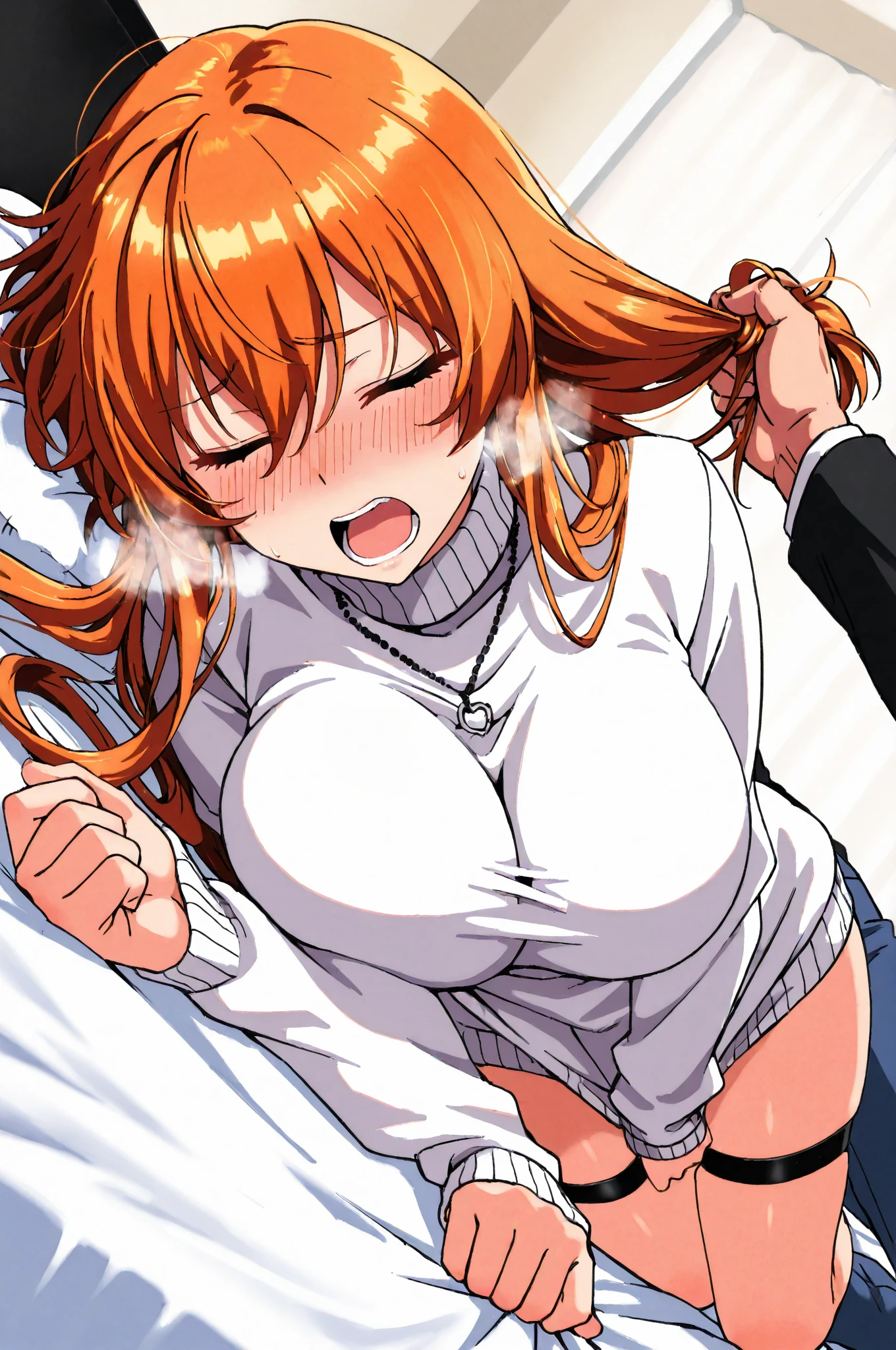 (hero neisan art style:0.7), (harayutaka art style:0.7), score_9, score_8_up, score_7_up, score_6_up, uncensored, asuna yuuki from sword art online, orange hair, fold, braid, long hair, BREAK (masterpiece:1.2), best quality, high resolution, perfect lighting, (perfect hands, perfect anatomy), 1girl, breasts, nipples, 1boy, hetero, sex, panties around one leg, censored, panties, syringe, underwear, japanese clothes, large breasts, cum, penis, cum in pussy, kimono, grabbing another's breast, pubic hair, vaginal, blush, grabbing, open mouth, closed eyes, white panties, ahoge, yukata, female pubic hair, collarbone, spread legs, sweat, tatami, can, missionary, futon, pov, arm support, solo focus, motion lines, kimono pull, used tissue, sash, indoors, pussy, tissue box, cum overflow, veiny breasts, whip mark, bite mark,