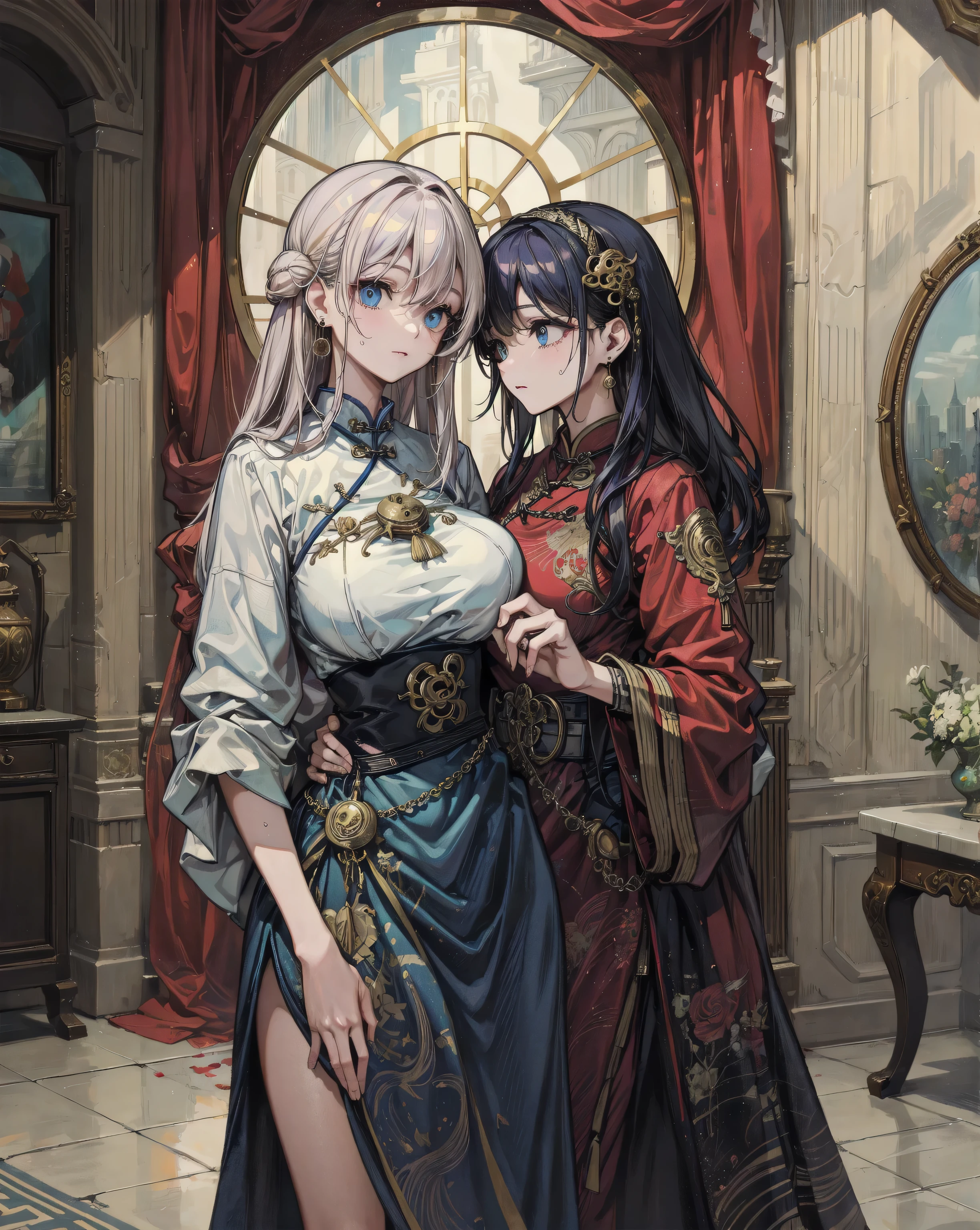 ((Highest quality)), ((masterpiece)), (detailed), (Perfect Face)、The woman has her medium-long silver hair tied up in a bun, is wearing a gorgeous red wedding Hanfu with gold embroidery and trim, and is lavishly dressed with gorgeous accessories and an engagement ring.、The woman is having a grand wedding with a handsome and dignified middle-aged Chinese man.