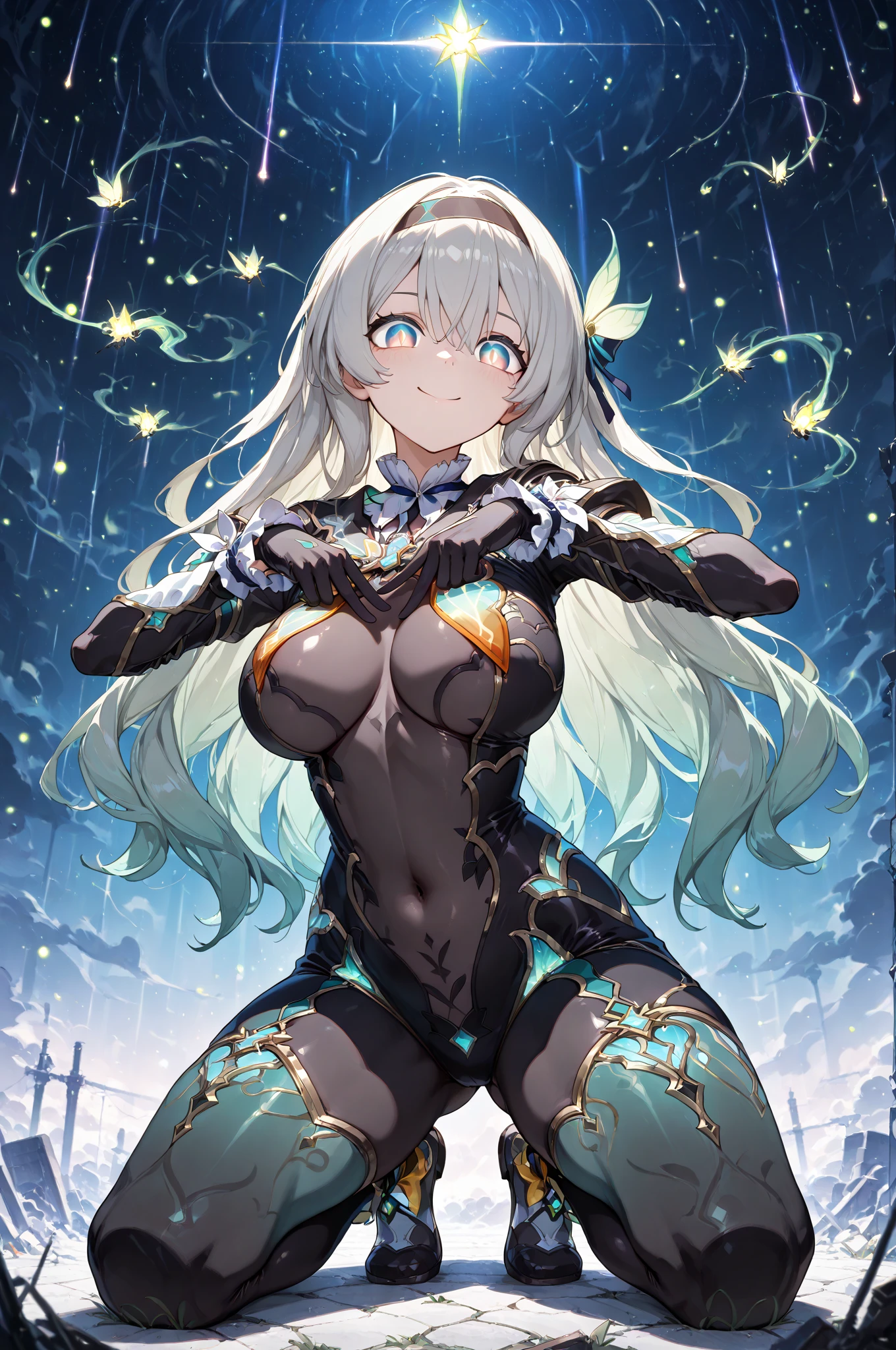 masterpiece, best quality, ultra-detailed, glowing eyes, faye, harrier outfit, darkness, huge breasts, hand on chest, thick thighs, purple eyes, glowing eyes, evil smile, corruption, wide hips, night sky, moon, glowing purple, nipples