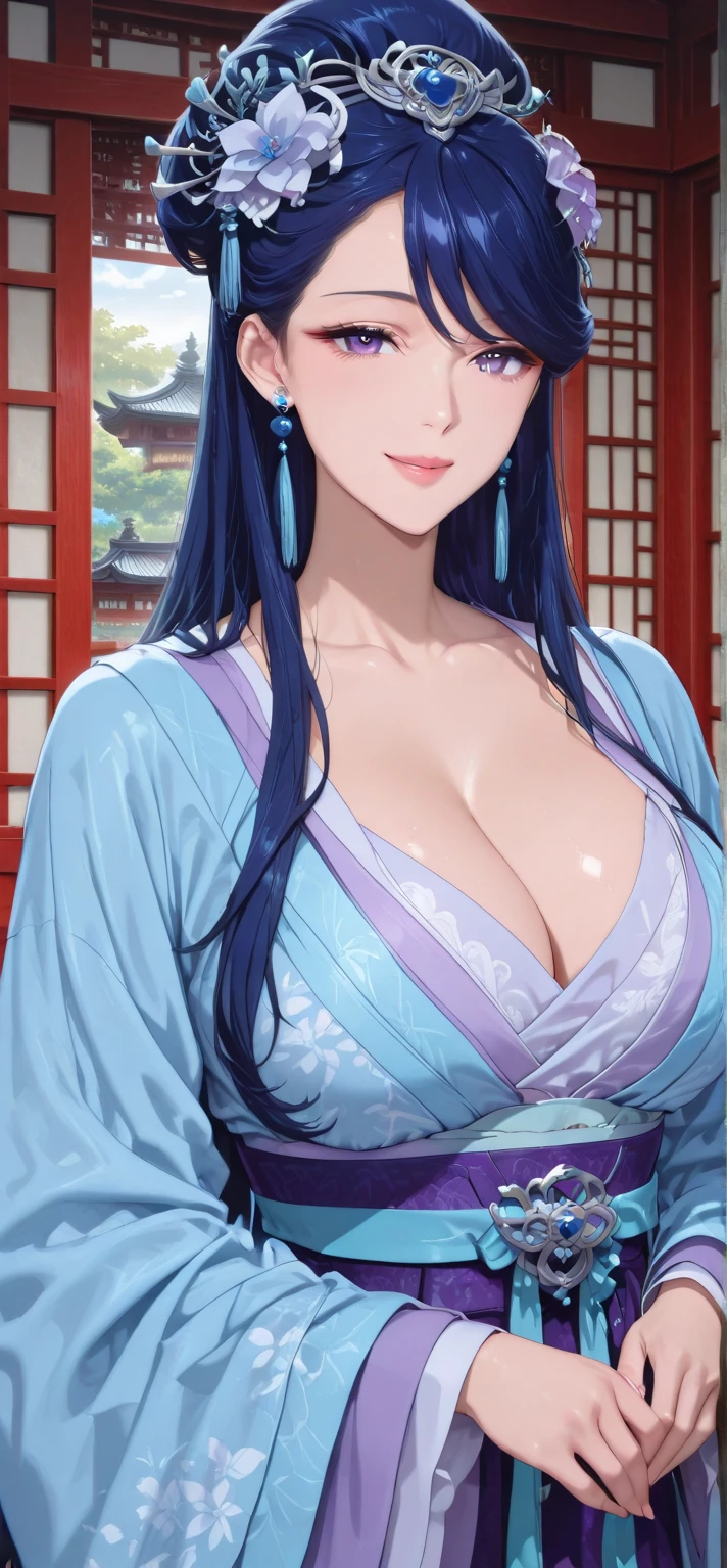Indigo hair、Brown eyes、Blue kimono、Beautiful woman with big breasts、Japan garden in the background、A slightly fluffy kimono、anti-soul butterfly