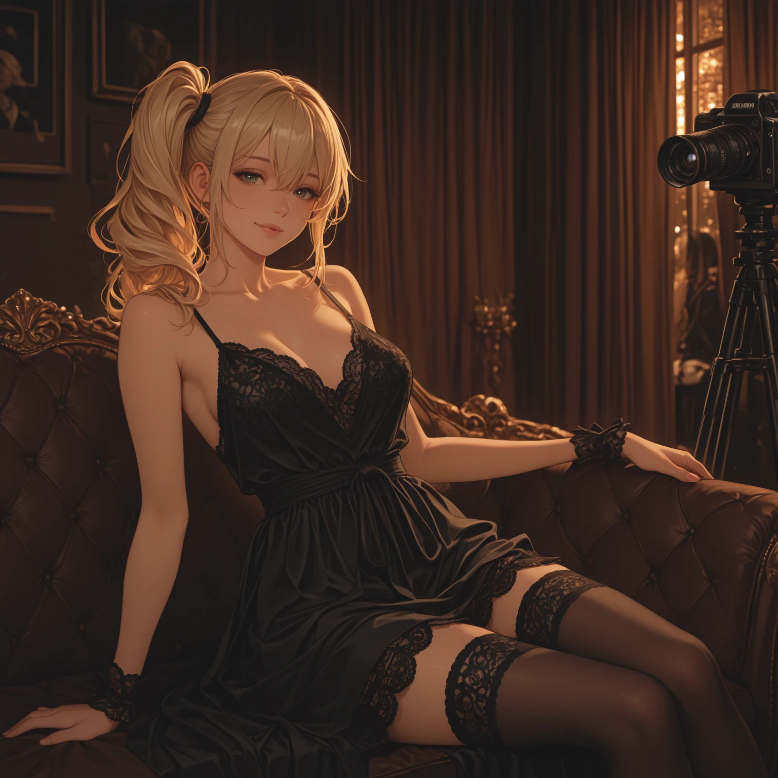 Blonde woman sitting on red chair in black bra blouse, seductive anime girls, photorealistic anime girl rendering, beautiful and seductive anime woman, Anime. Soft lighting, 3 d anime realistic, attractive anime girls, Beautiful anime girl, Surrealism female students, Surrealism female students, Smooth anime CG art, Anime girl, Photorealistic anime, Realistic anime 3 D style Good looking hands