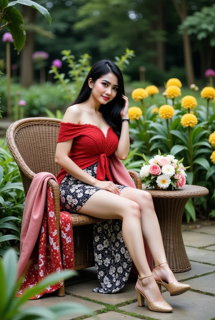(hyperrealistic photo), exotic beautiful indonesian woman, plump, natural big breasts, knee-lenght sleeveless housedress with intricate abstract details, sit on garden swing under banyan tree, sensual pose, naughty expression, her hand on her breast and her vagina, looking at the viewer, natural light, wide angle full-body shot, indonesian village house in the background,